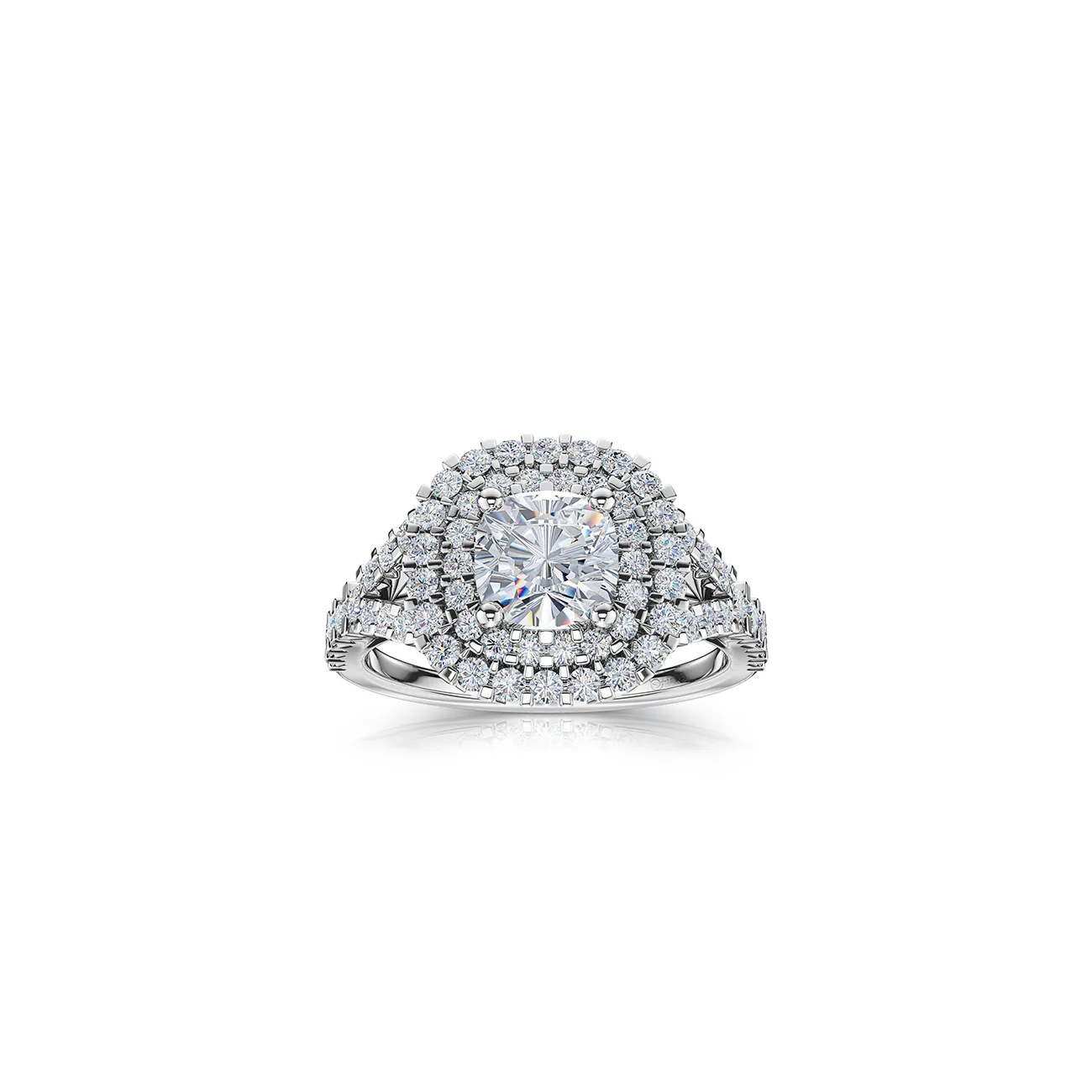 The Studio Collection Cushion Cut Diamond Double Halo Split Shank Engagement Ring