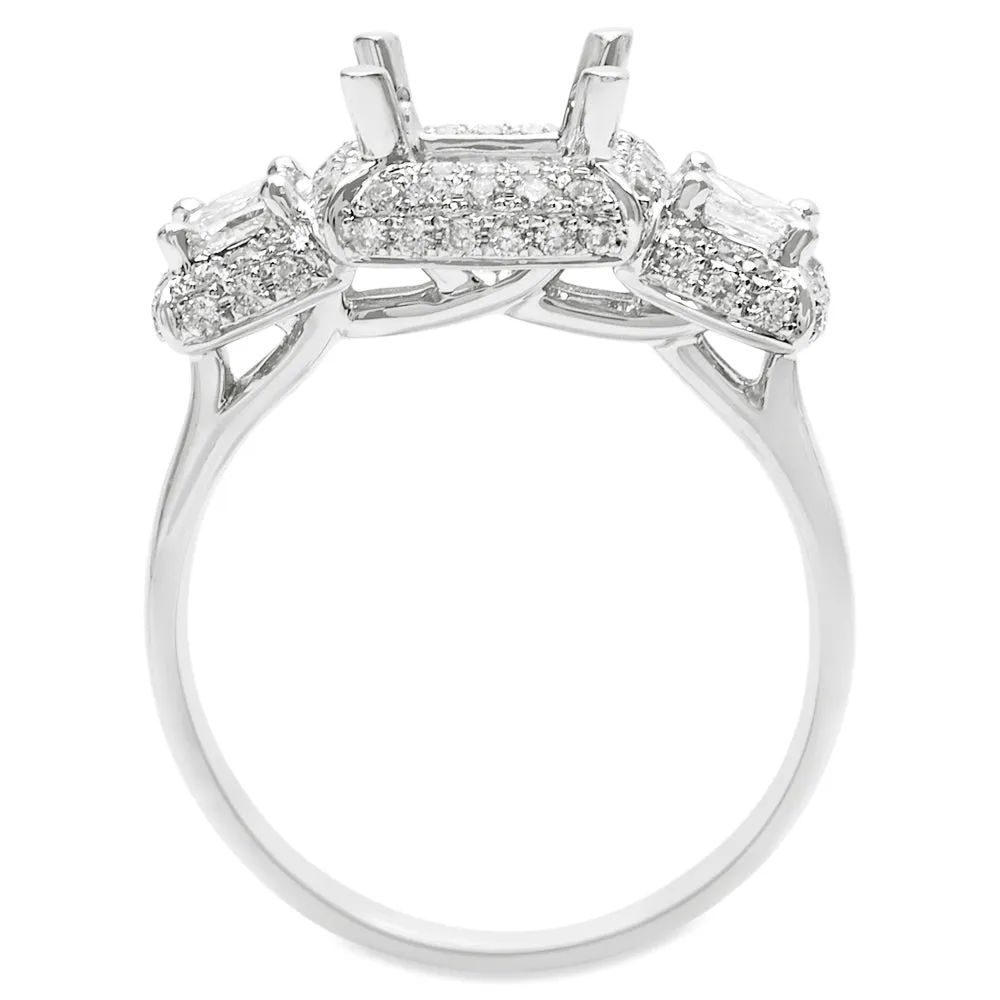 Three Stone Micro Pave Halo 18 Karat White Gold Diamond Engagement Ring