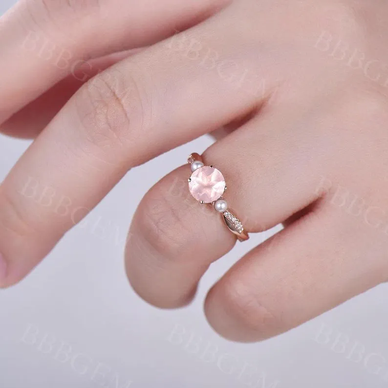 Three Stone Rose Quartz Engagement Ring Pearl Diamond Wedding Band