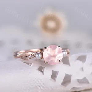 Three Stone Rose Quartz Engagement Ring Pearl Diamond Wedding Band