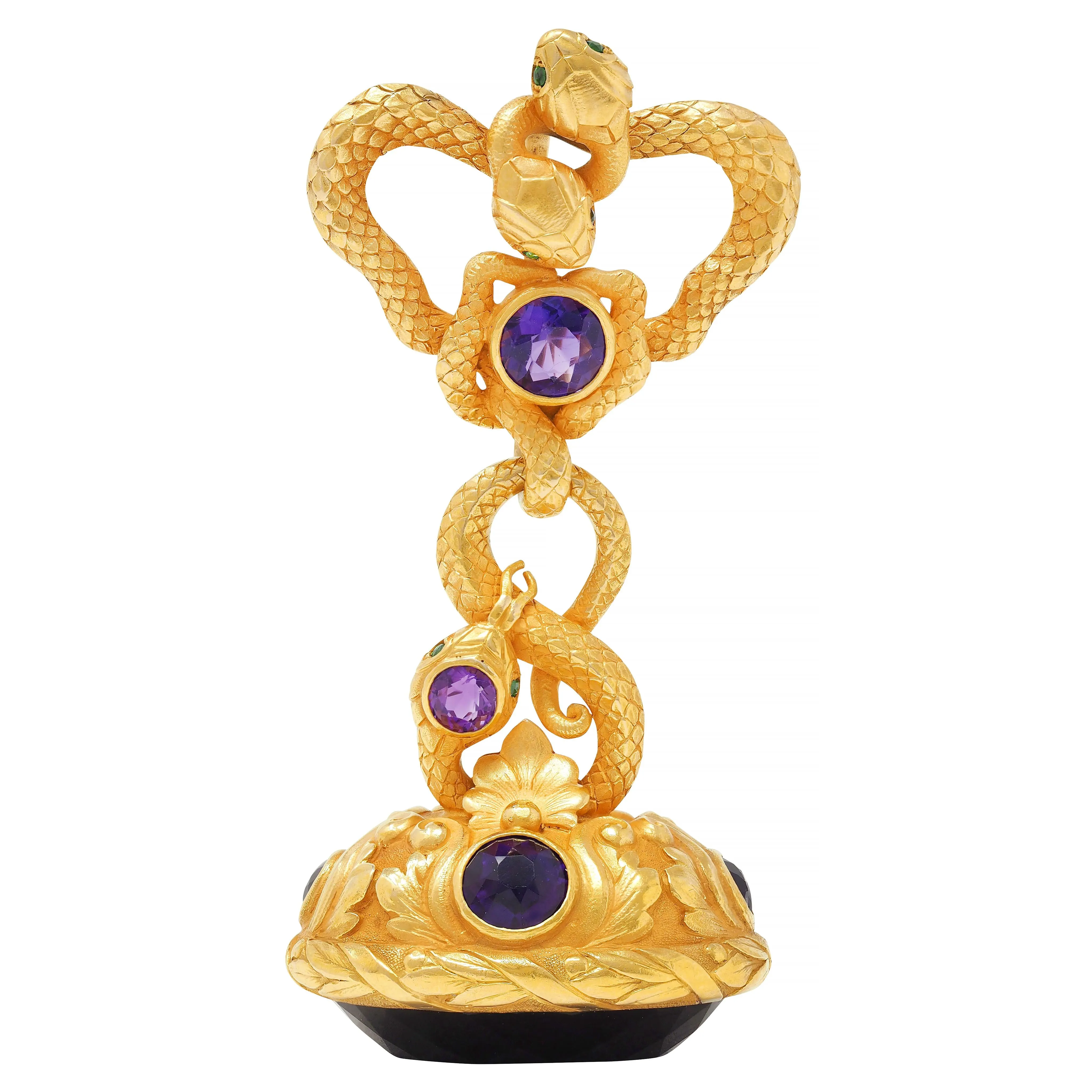 Tiffany & Co. Victorian Amethyst Demantoid Garnet 18 Karat Yellow Gold Antique Snake Fob Pendant