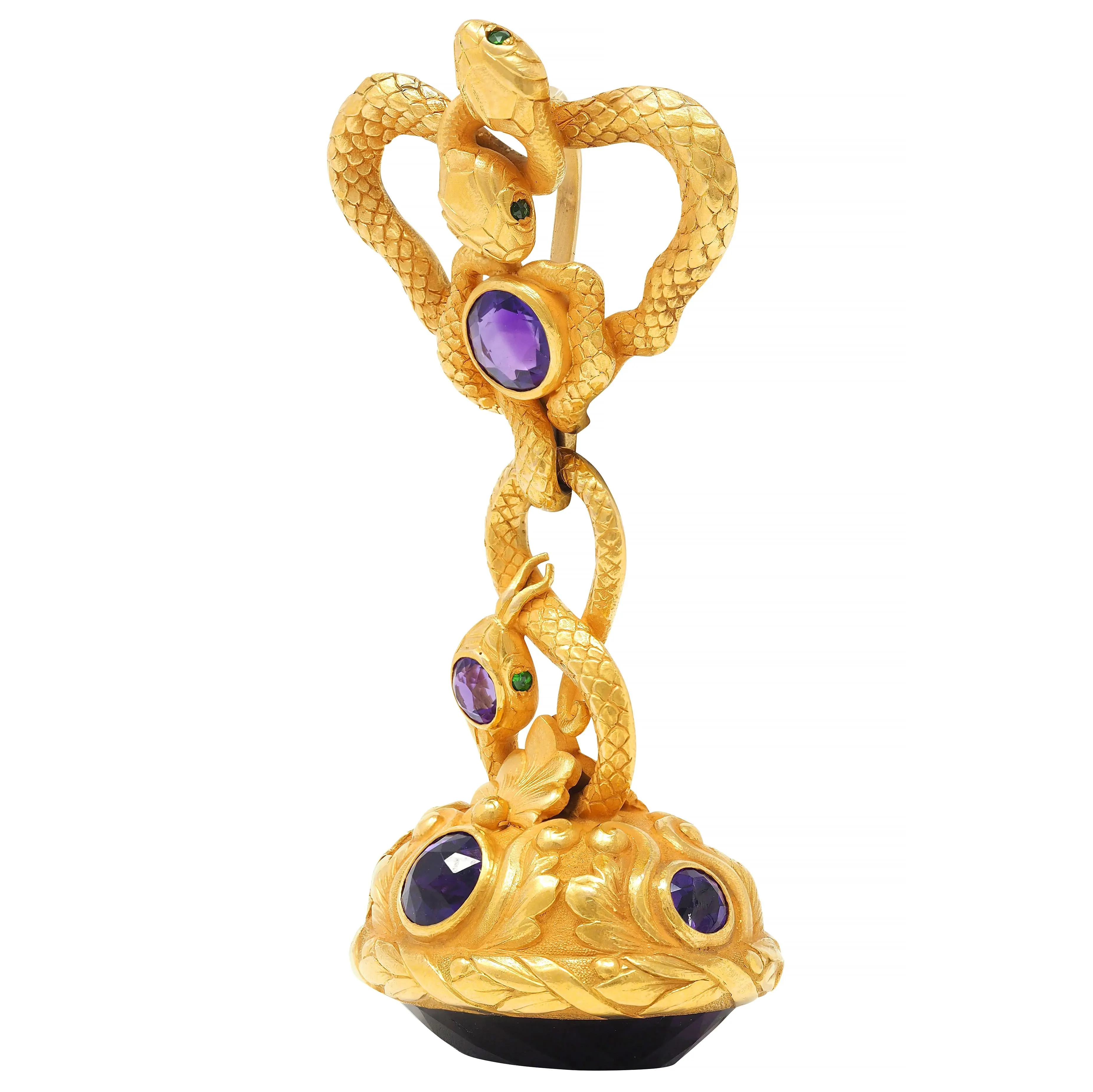 Tiffany & Co. Victorian Amethyst Demantoid Garnet 18 Karat Yellow Gold Antique Snake Fob Pendant