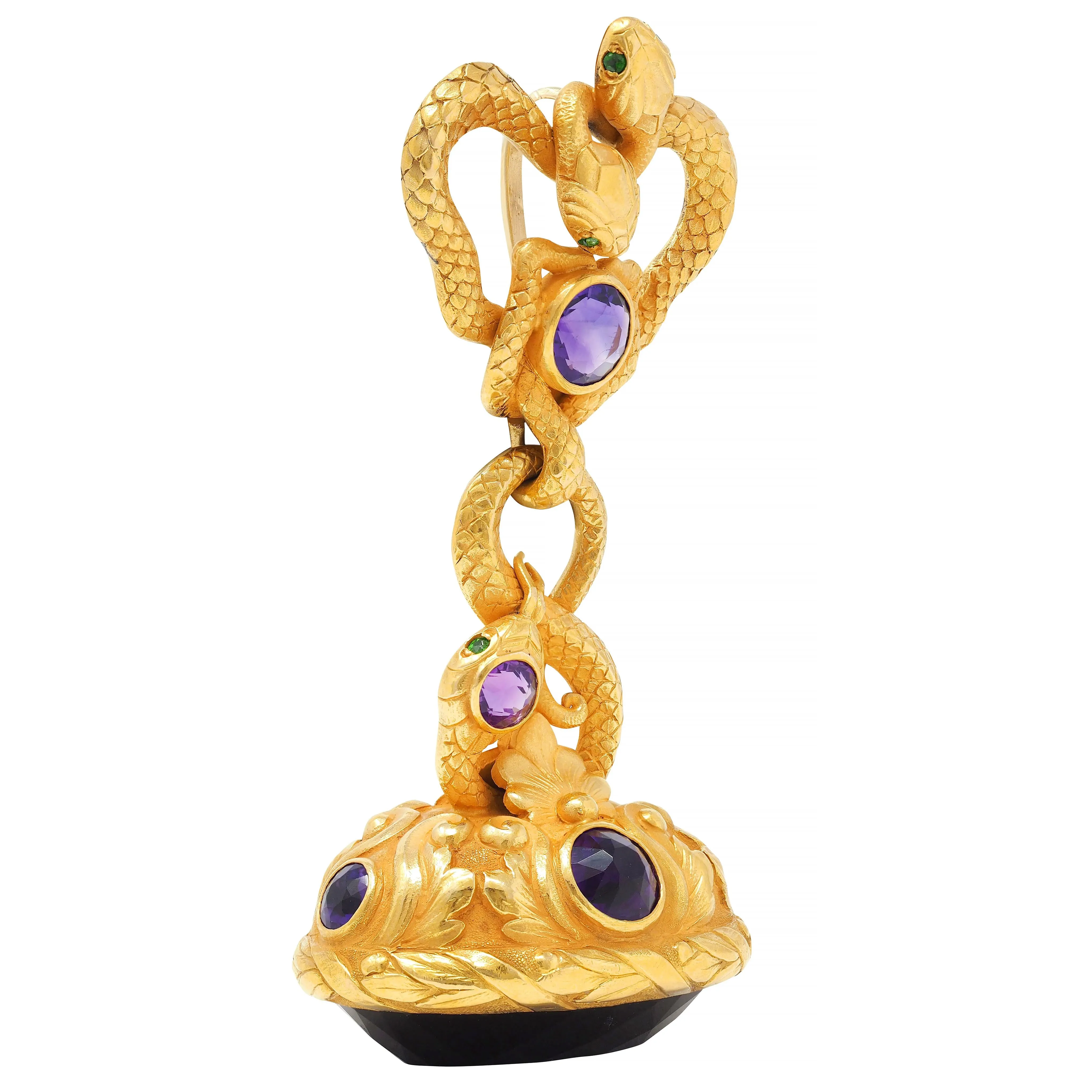 Tiffany & Co. Victorian Amethyst Demantoid Garnet 18 Karat Yellow Gold Antique Snake Fob Pendant