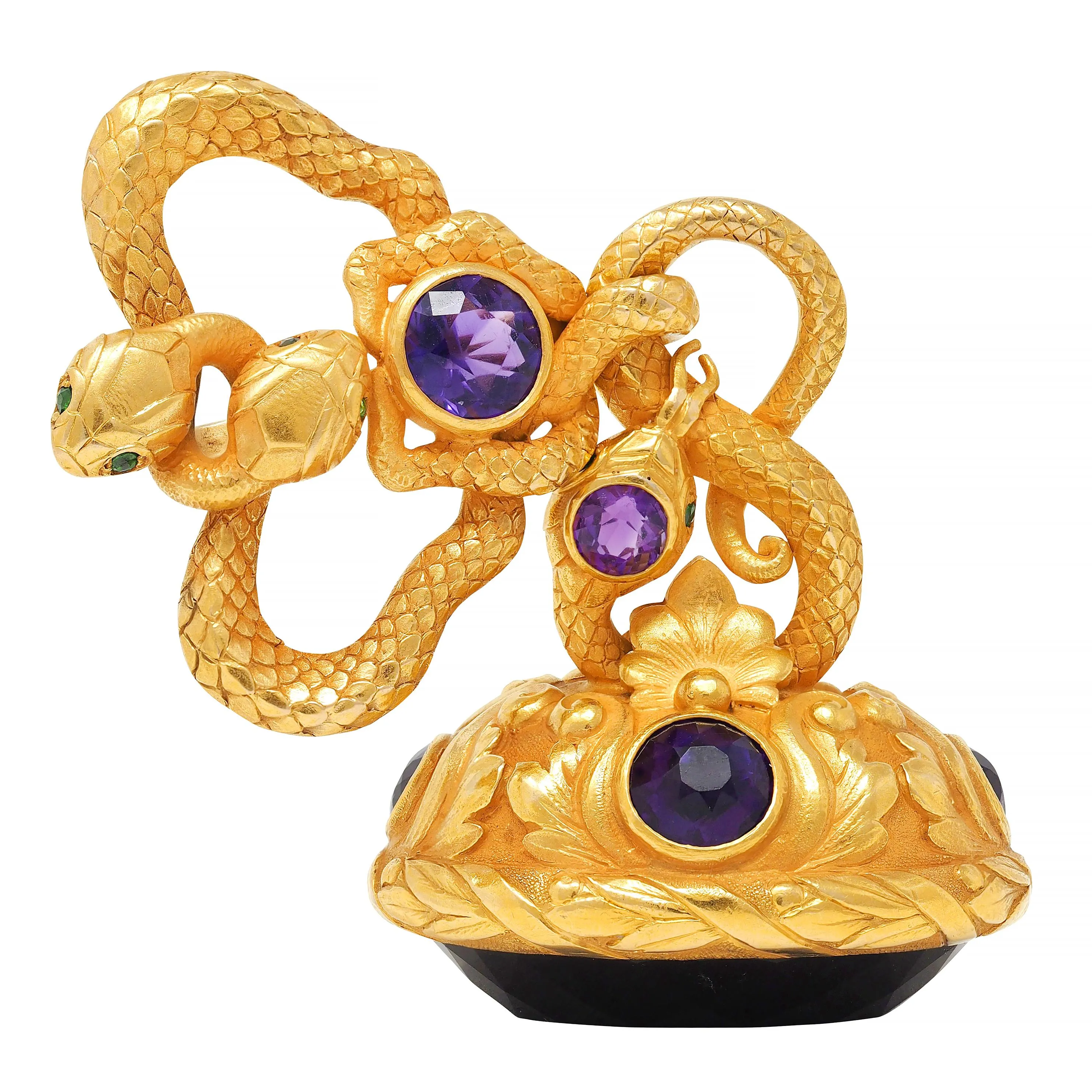 Tiffany & Co. Victorian Amethyst Demantoid Garnet 18 Karat Yellow Gold Antique Snake Fob Pendant