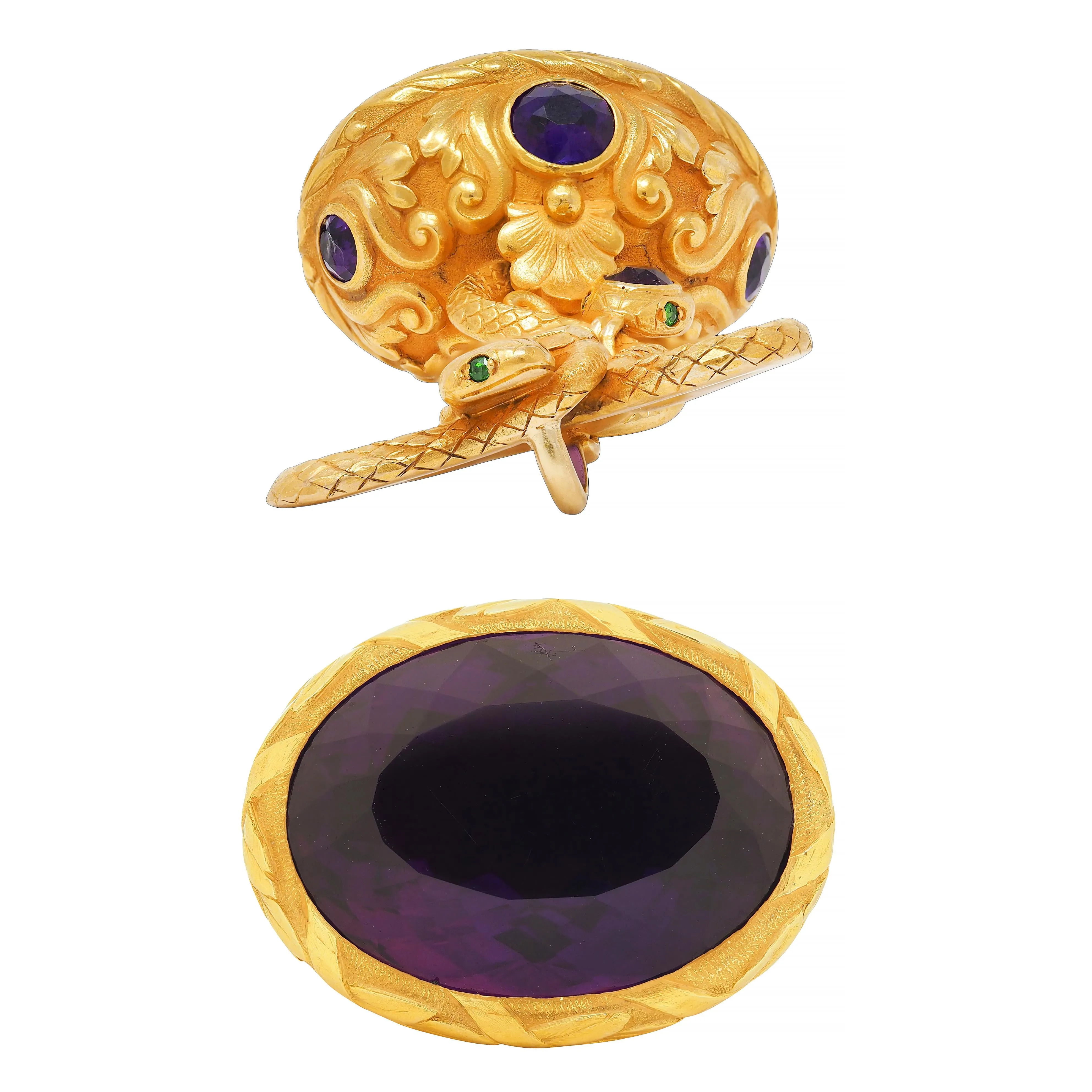 Tiffany & Co. Victorian Amethyst Demantoid Garnet 18 Karat Yellow Gold Antique Snake Fob Pendant