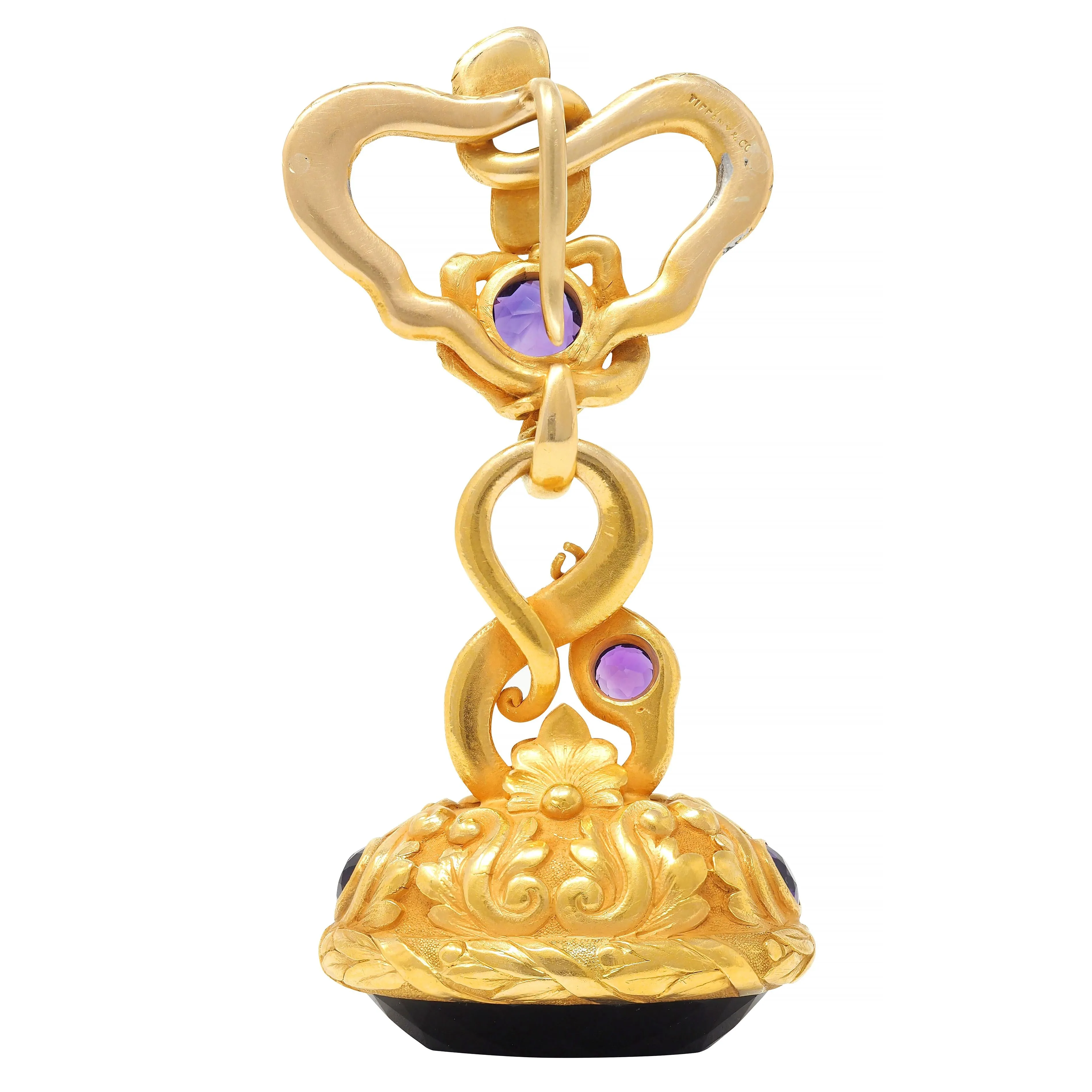 Tiffany & Co. Victorian Amethyst Demantoid Garnet 18 Karat Yellow Gold Antique Snake Fob Pendant