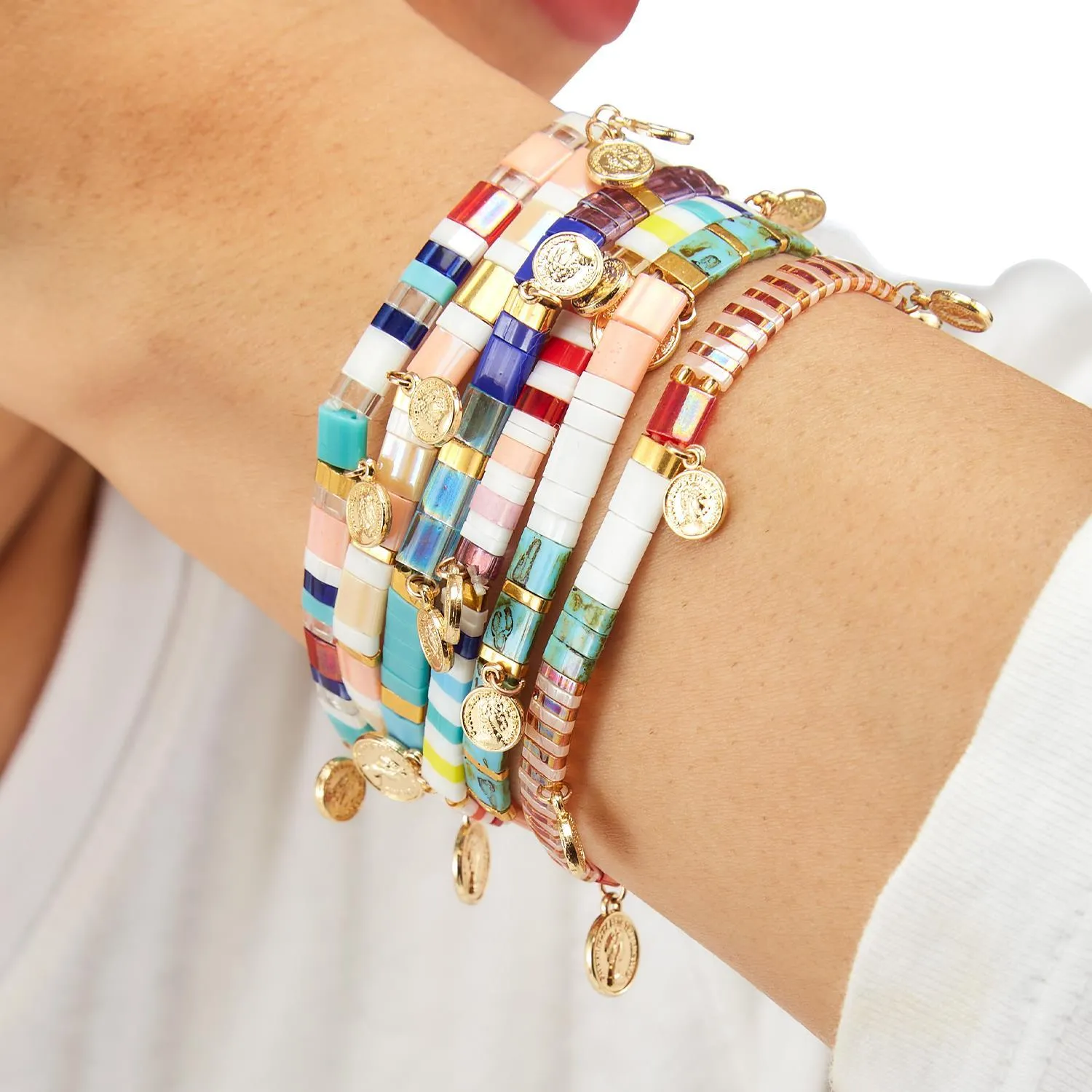 Tile Bead and Coin Charm Bracelet