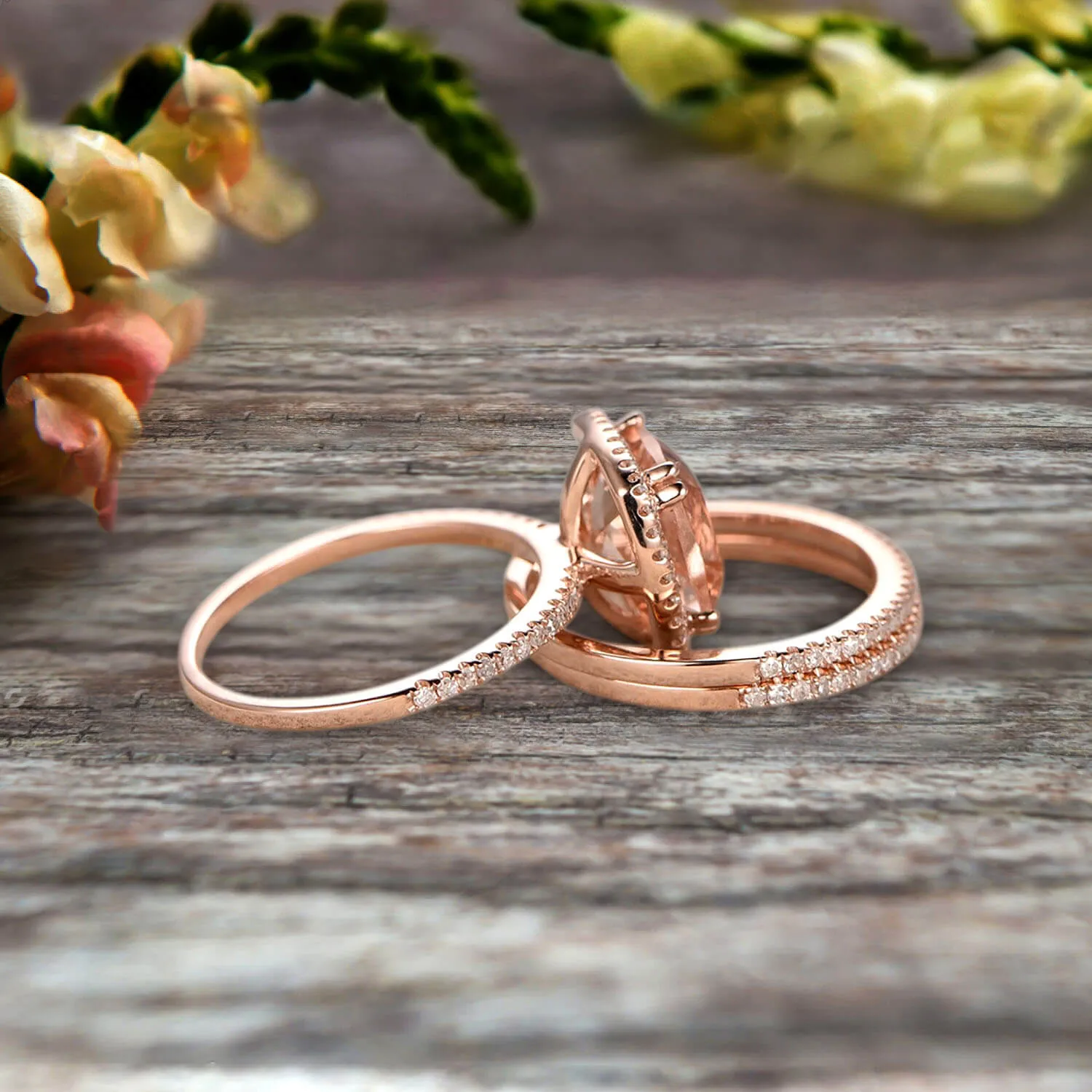 Trio Set 2 Carat Cushion Cut Morganite Wedding Set Engagement Ring Bridal Ring Anniversary Ring On 10k Rose Gold Halo Glaring Staggering