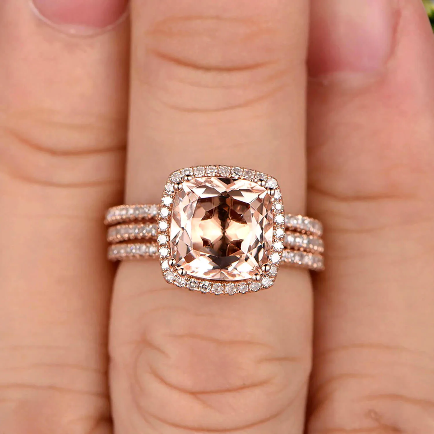 Trio Set 2 Carat Cushion Cut Morganite Wedding Set Engagement Ring Bridal Ring Anniversary Ring On 10k Rose Gold Halo Glaring Staggering