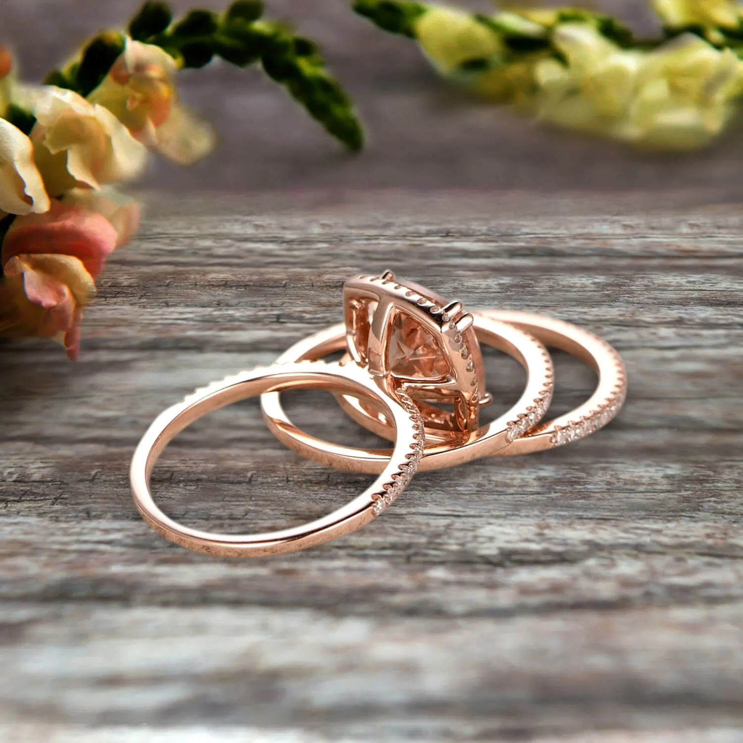 Trio Set 2 Carat Cushion Cut Morganite Wedding Set Engagement Ring Bridal Ring Anniversary Ring On 10k Rose Gold Halo Glaring Staggering