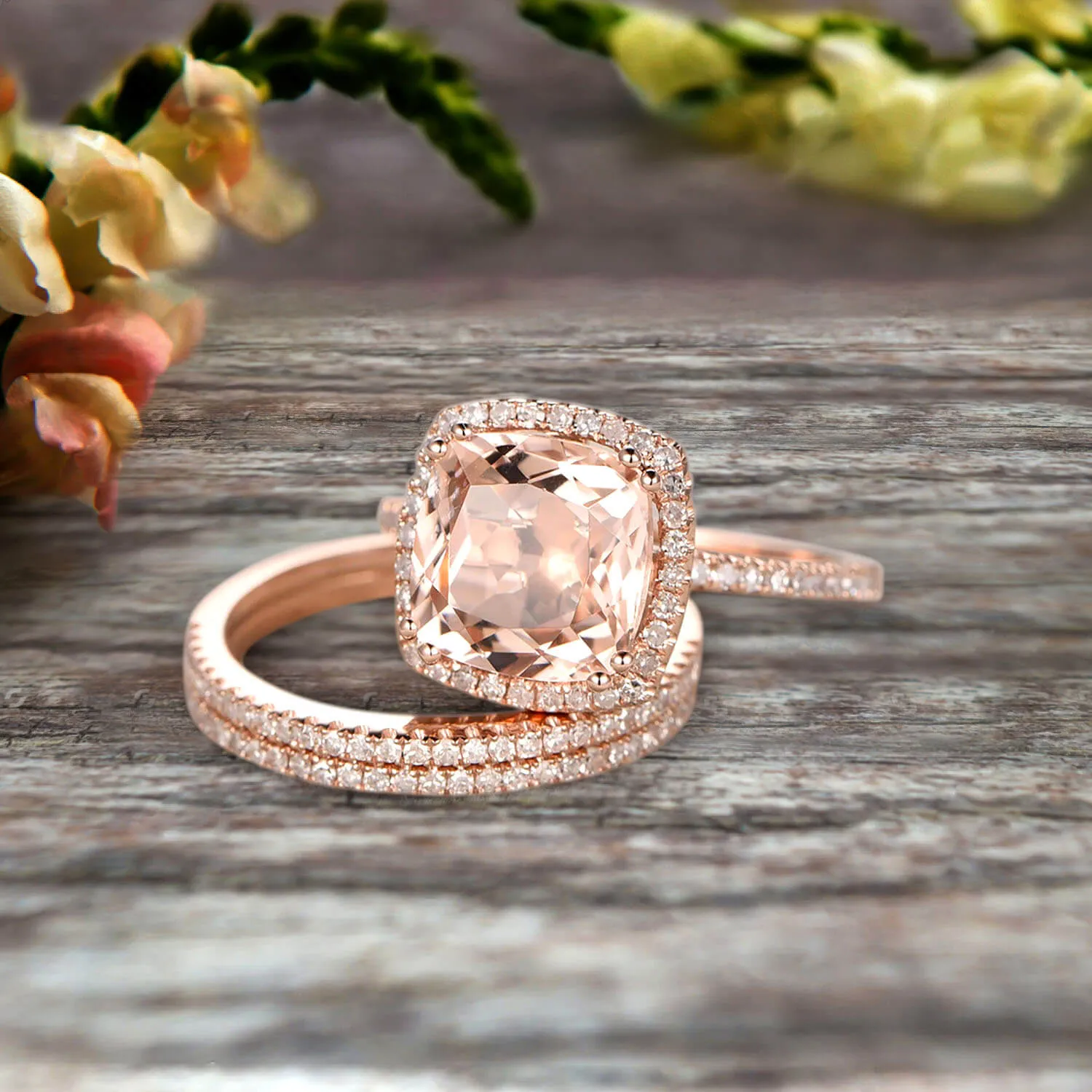 Trio Set 2 Carat Cushion Cut Morganite Wedding Set Engagement Ring Bridal Ring Anniversary Ring On 10k Rose Gold Halo Glaring Staggering