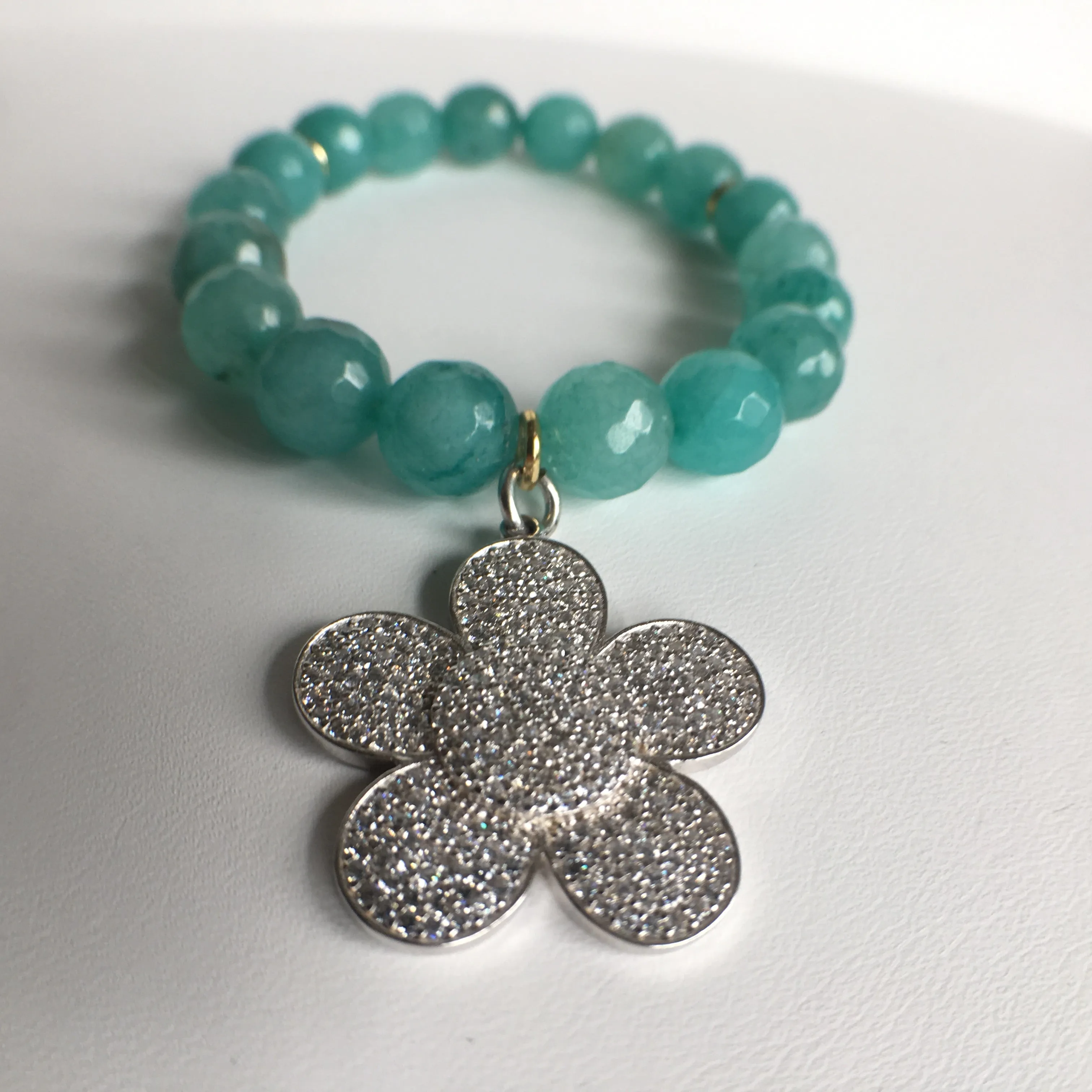 Triple Strand Amazonite Stretch Bracelet with Pave CZ Flower