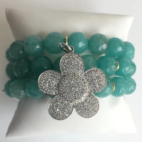 Triple Strand Amazonite Stretch Bracelet with Pave CZ Flower