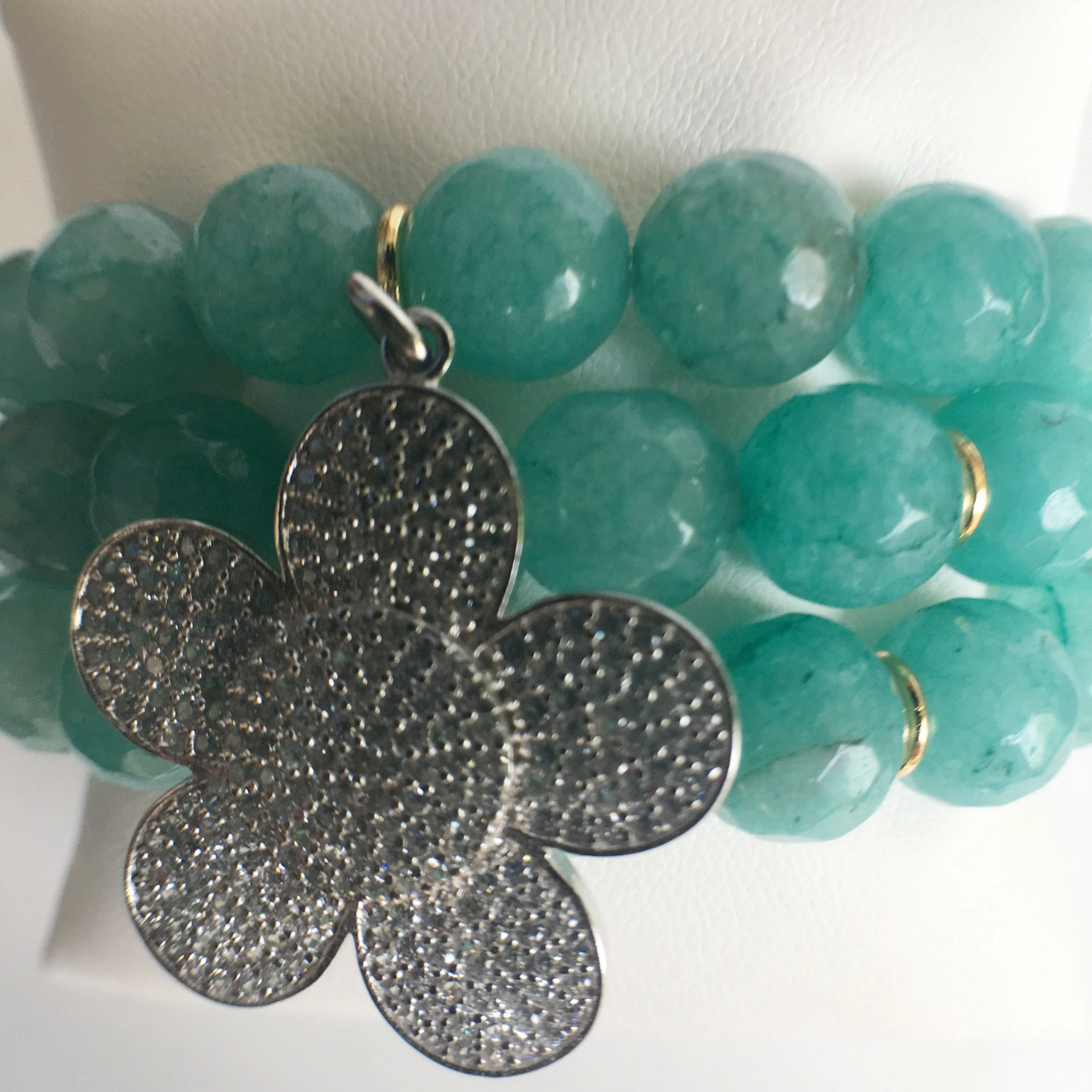 Triple Strand Amazonite Stretch Bracelet with Pave CZ Flower