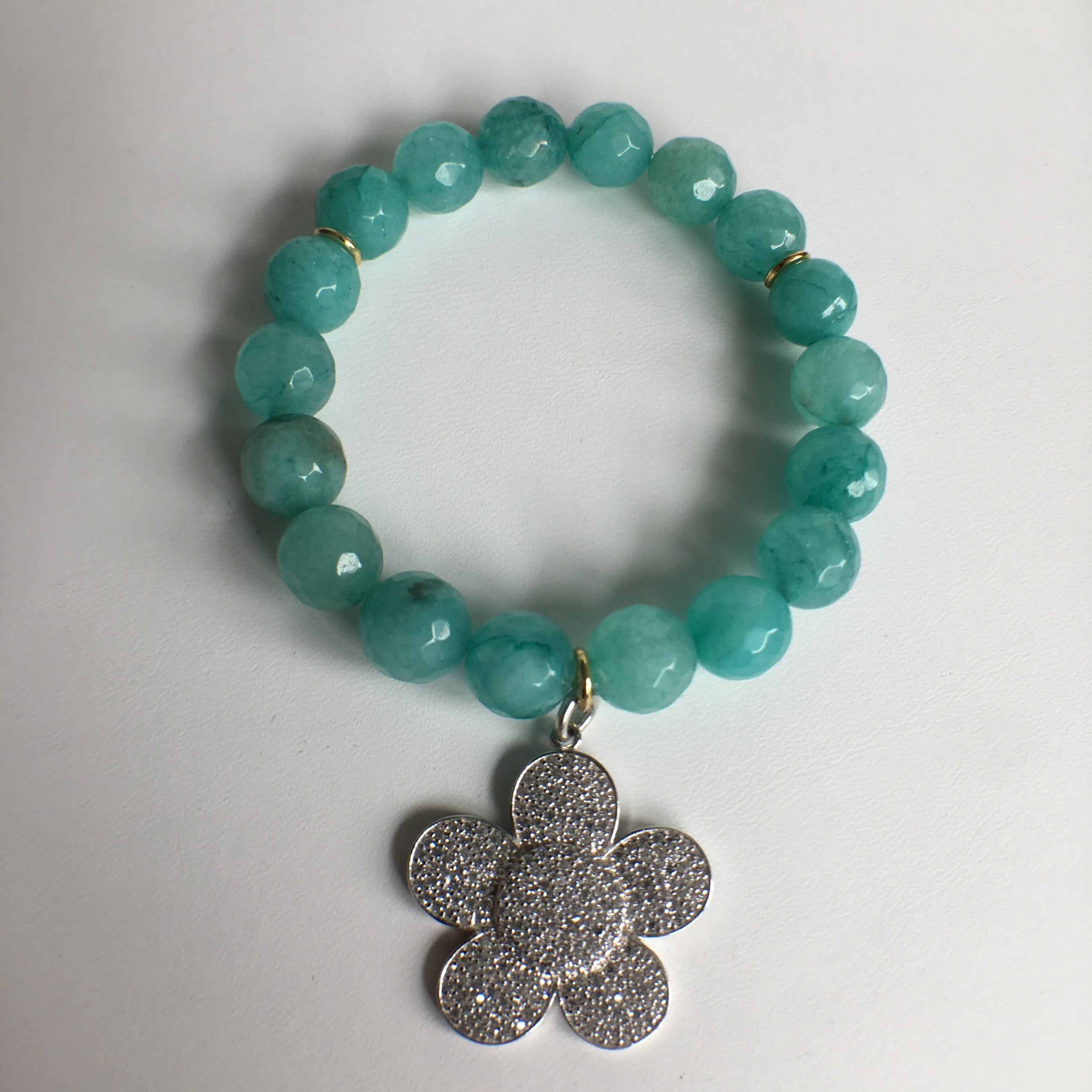 Triple Strand Amazonite Stretch Bracelet with Pave CZ Flower