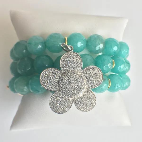 Triple Strand Amazonite Stretch Bracelet with Pave CZ Flower