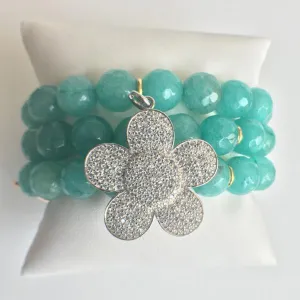 Triple Strand Amazonite Stretch Bracelet with Pave CZ Flower