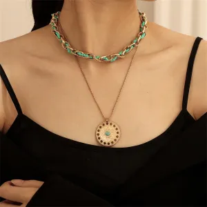 Turquoise & 18K Gold-Plated Round Pendant Necklace Set