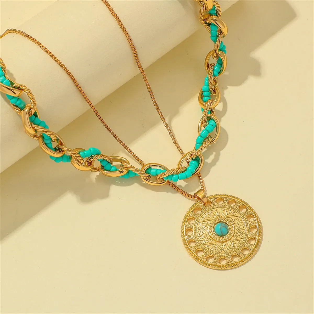 Turquoise & 18K Gold-Plated Round Pendant Necklace Set