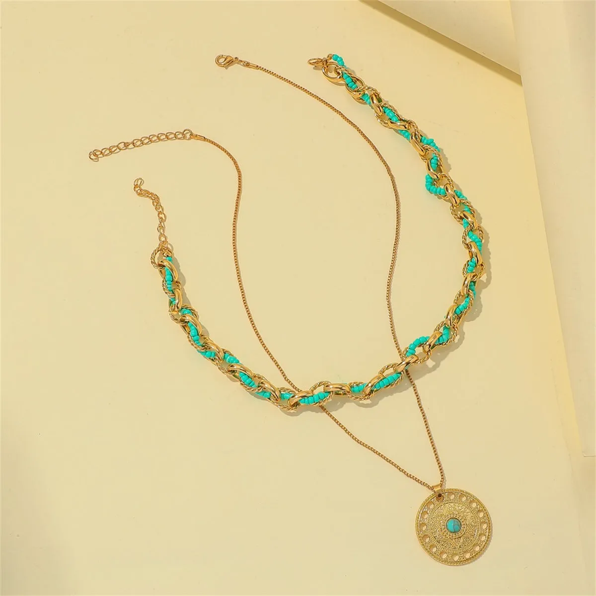 Turquoise & 18K Gold-Plated Round Pendant Necklace Set
