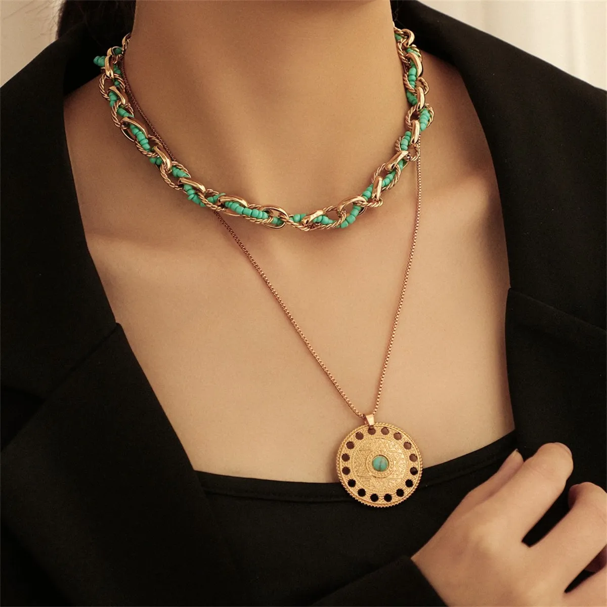 Turquoise & 18K Gold-Plated Round Pendant Necklace Set