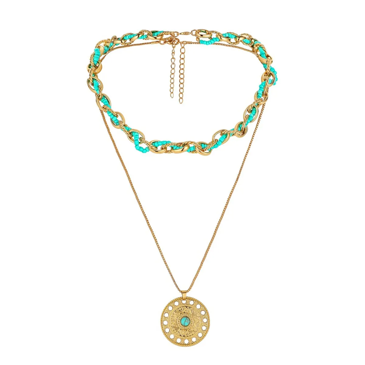 Turquoise & 18K Gold-Plated Round Pendant Necklace Set