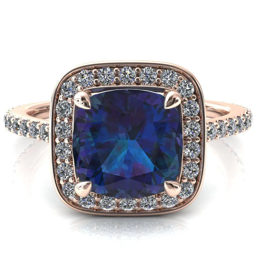 Valma Cushion Alexandrite Floating Diamond Halo and Sides Ring