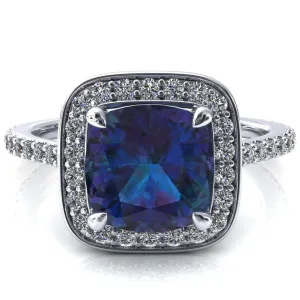 Valma Cushion Alexandrite Floating Diamond Halo and Sides Ring