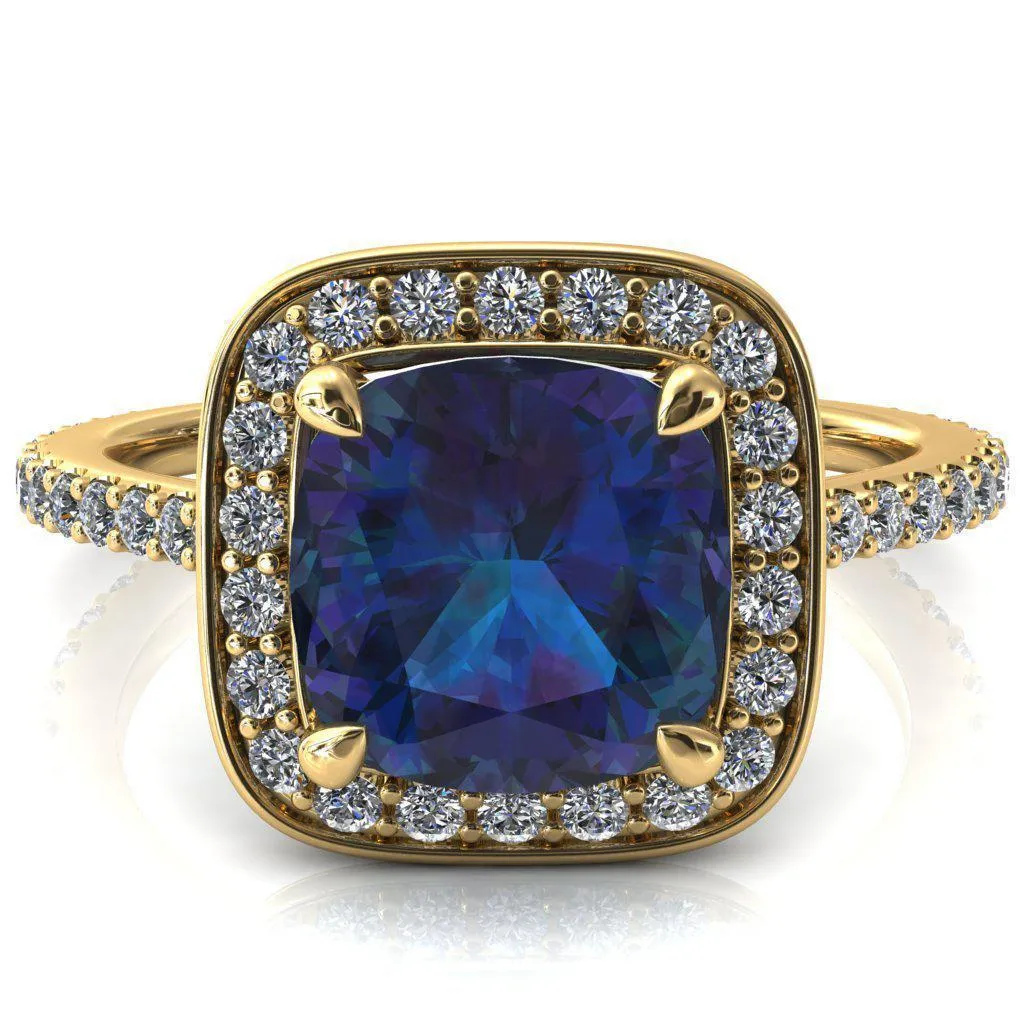 Valma Cushion Alexandrite Floating Diamond Halo and Sides Ring