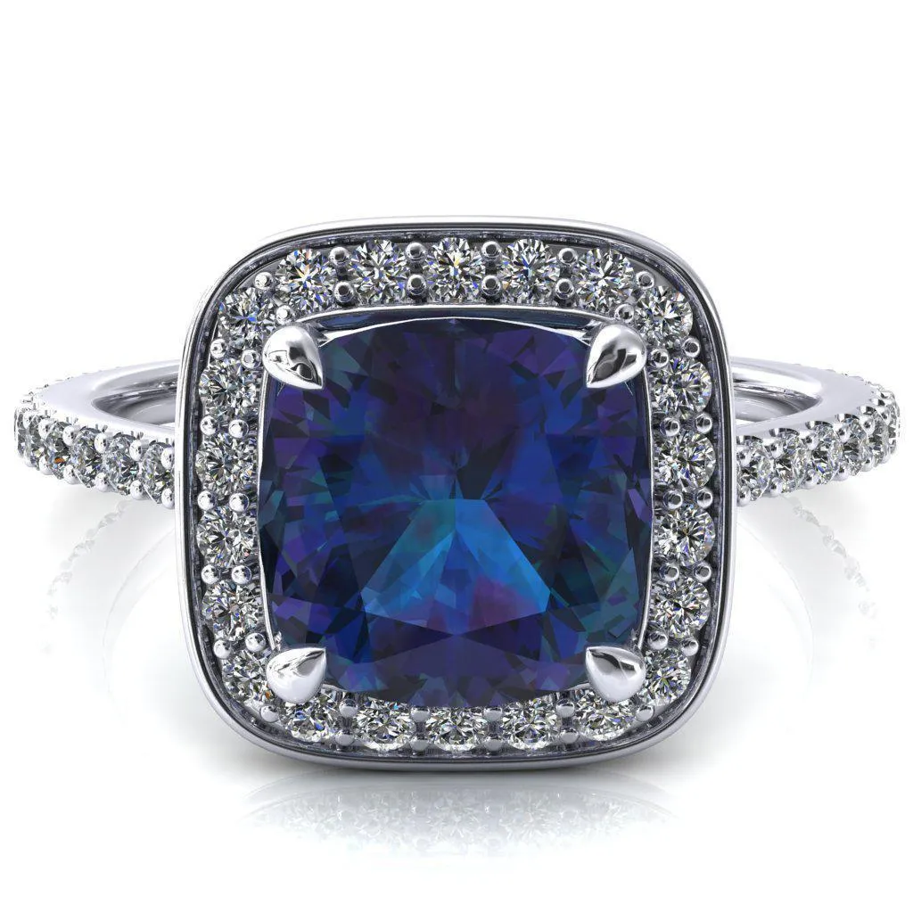 Valma Cushion Alexandrite Floating Diamond Halo and Sides Ring