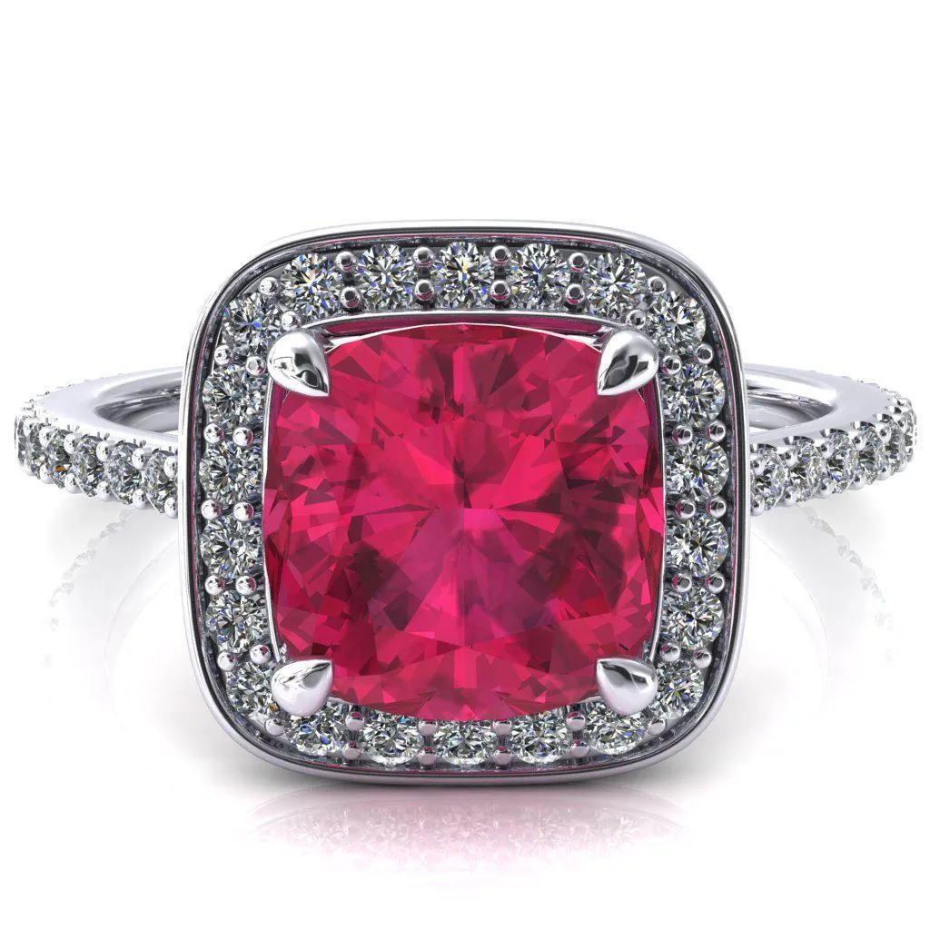 Valma Cushion Ruby Floating Diamond Halo and Sides Ring