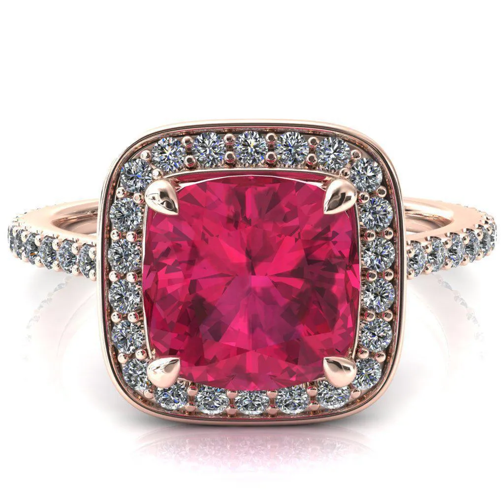 Valma Cushion Ruby Floating Diamond Halo and Sides Ring