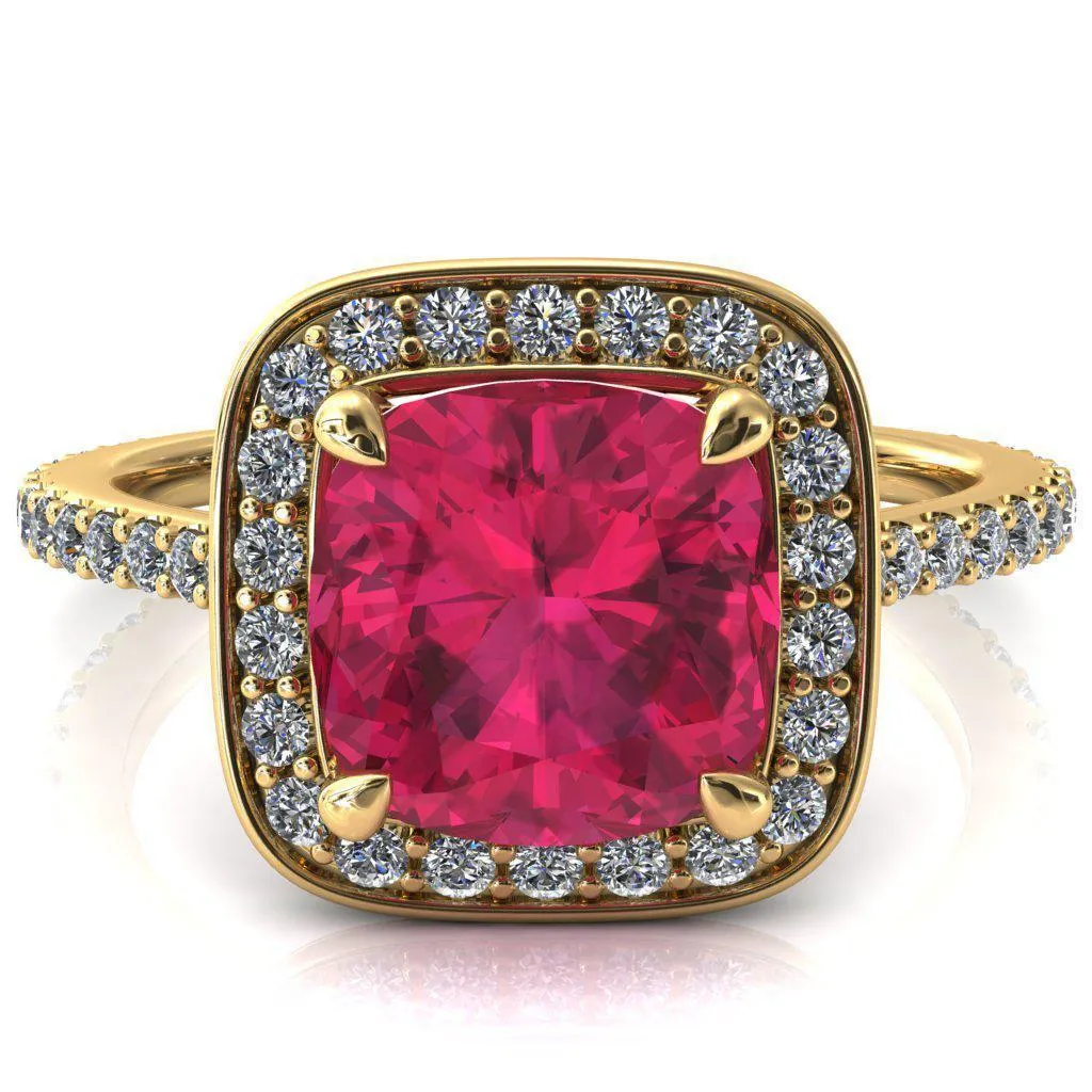 Valma Cushion Ruby Floating Diamond Halo and Sides Ring
