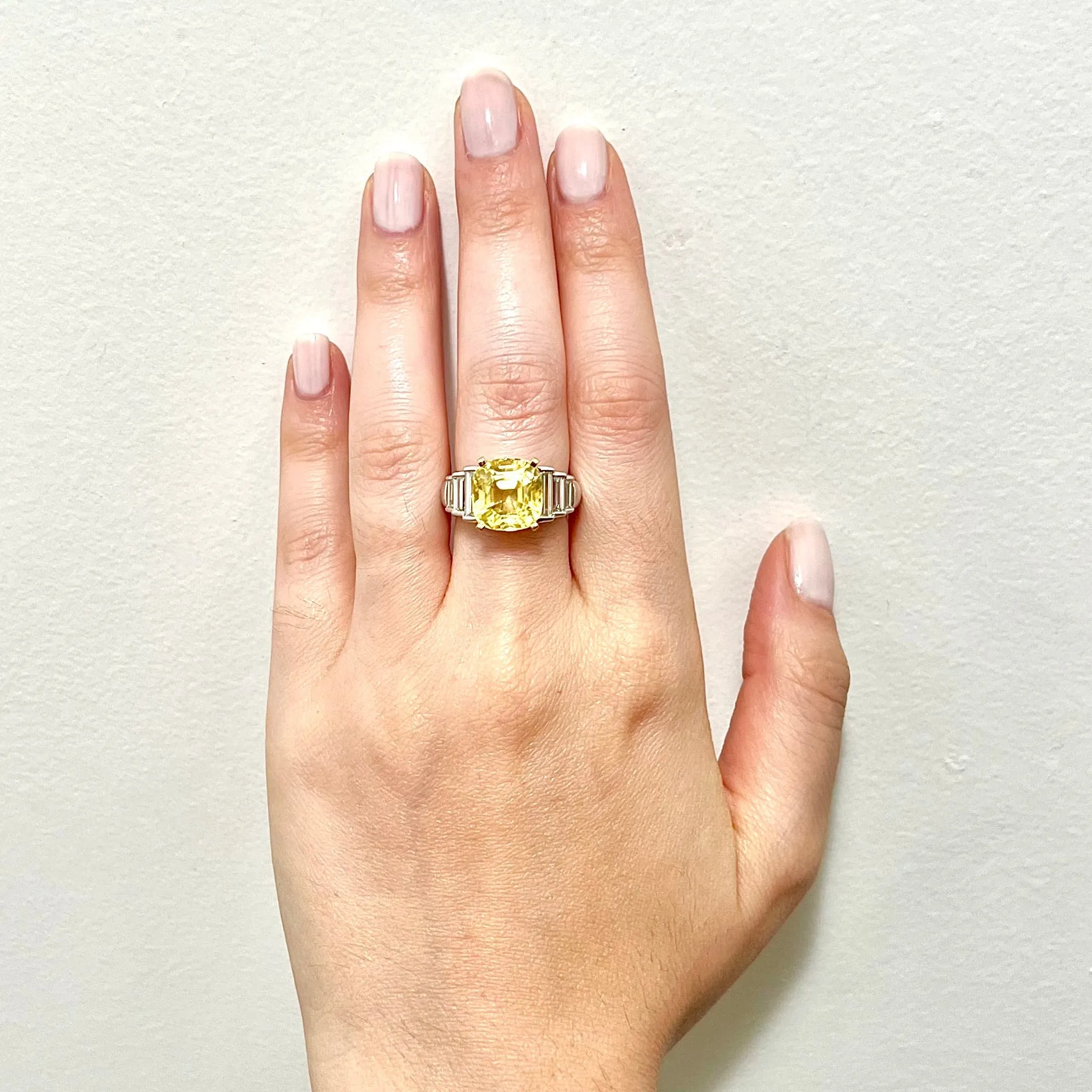 Very Fine Untreated 8.12 Carats Cushion Cut Yellow Sapphire & Diamond Ring