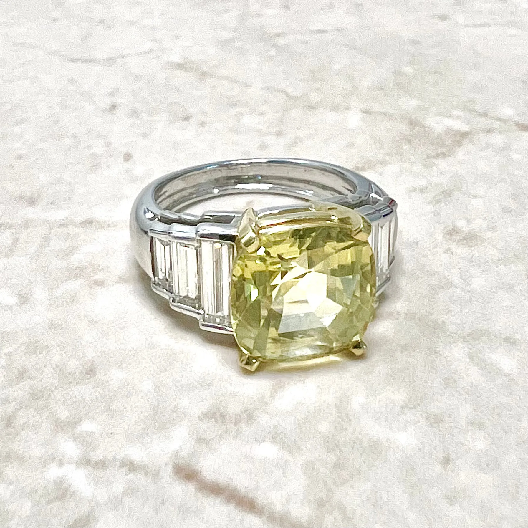 Very Fine Untreated 8.12 Carats Cushion Cut Yellow Sapphire & Diamond Ring