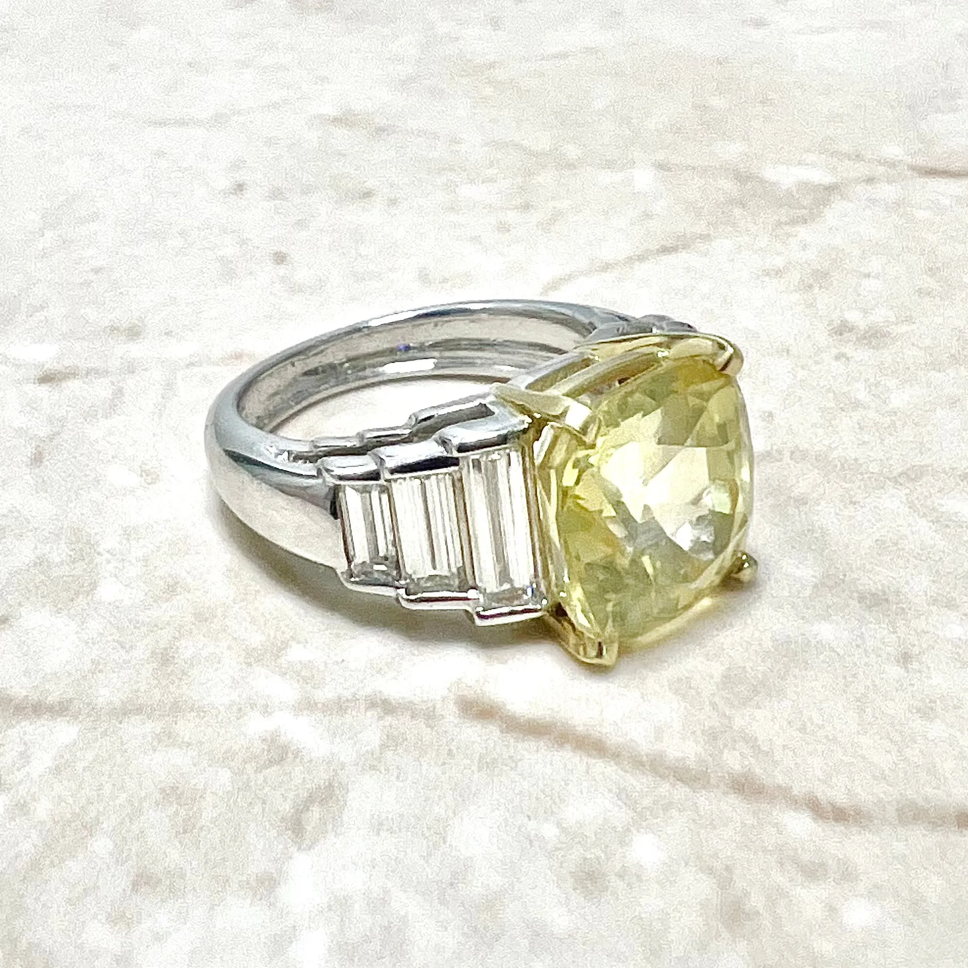 Very Fine Untreated 8.12 Carats Cushion Cut Yellow Sapphire & Diamond Ring