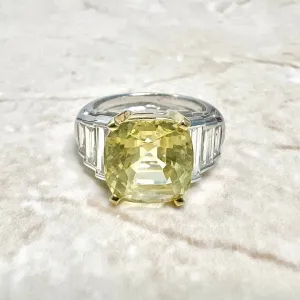 Very Fine Untreated 8.12 Carats Cushion Cut Yellow Sapphire & Diamond Ring