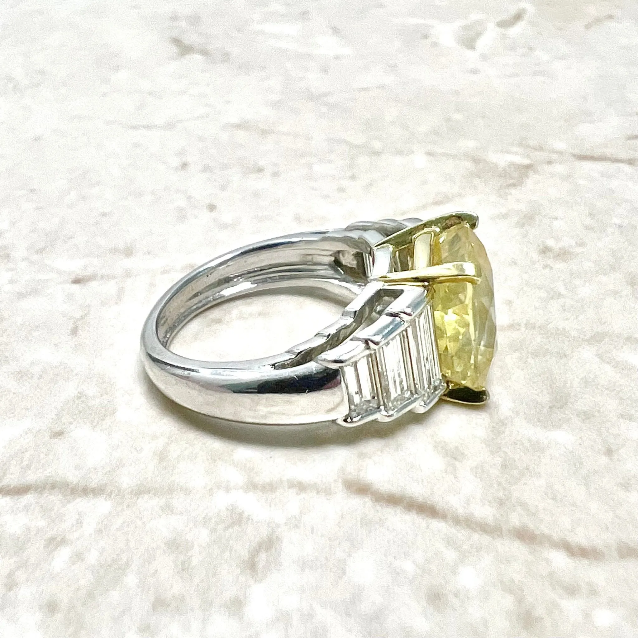 Very Fine Untreated 8.12 Carats Cushion Cut Yellow Sapphire & Diamond Ring