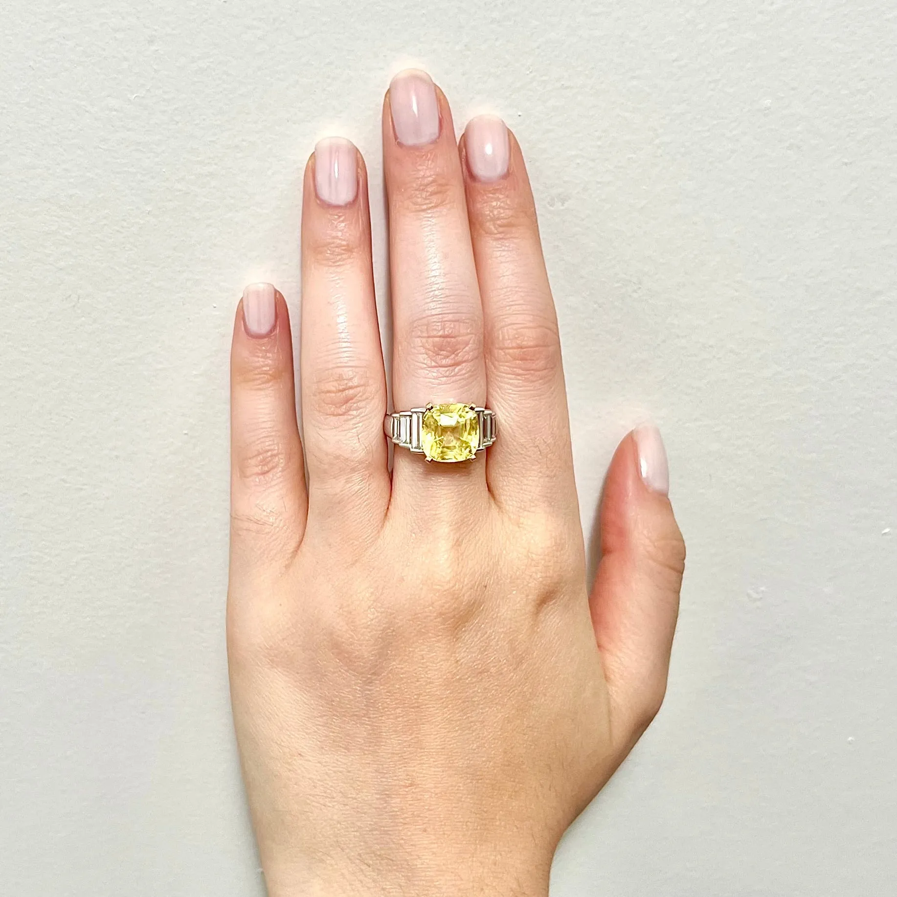 Very Fine Untreated 8.12 Carats Cushion Cut Yellow Sapphire & Diamond Ring
