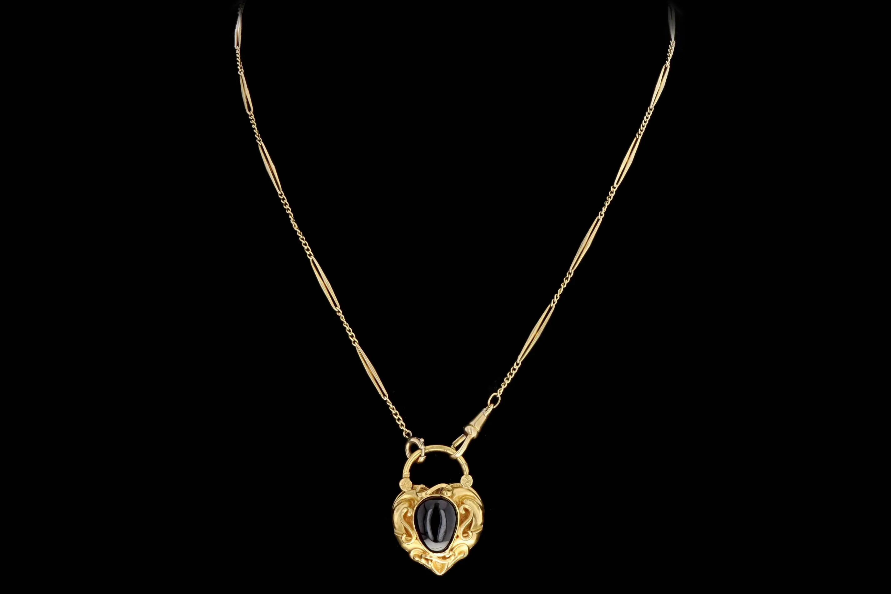Victorian 15K Yellow Gold Garnet Heart Padlock Pendant on a 18K Pocket Watch Chain Necklace