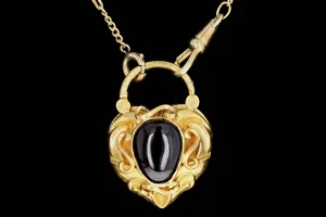 Victorian 15K Yellow Gold Garnet Heart Padlock Pendant on a 18K Pocket Watch Chain Necklace