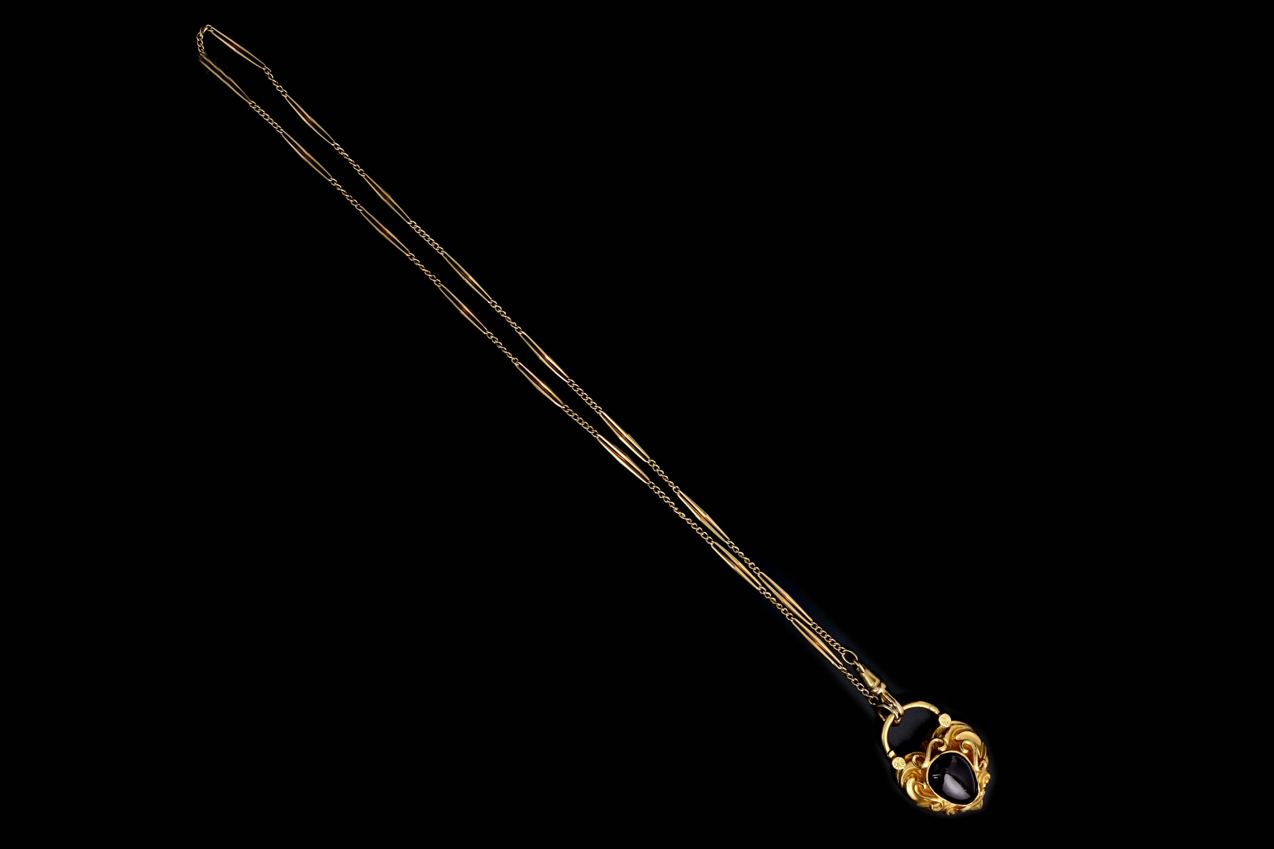 Victorian 15K Yellow Gold Garnet Heart Padlock Pendant on a 18K Pocket Watch Chain Necklace