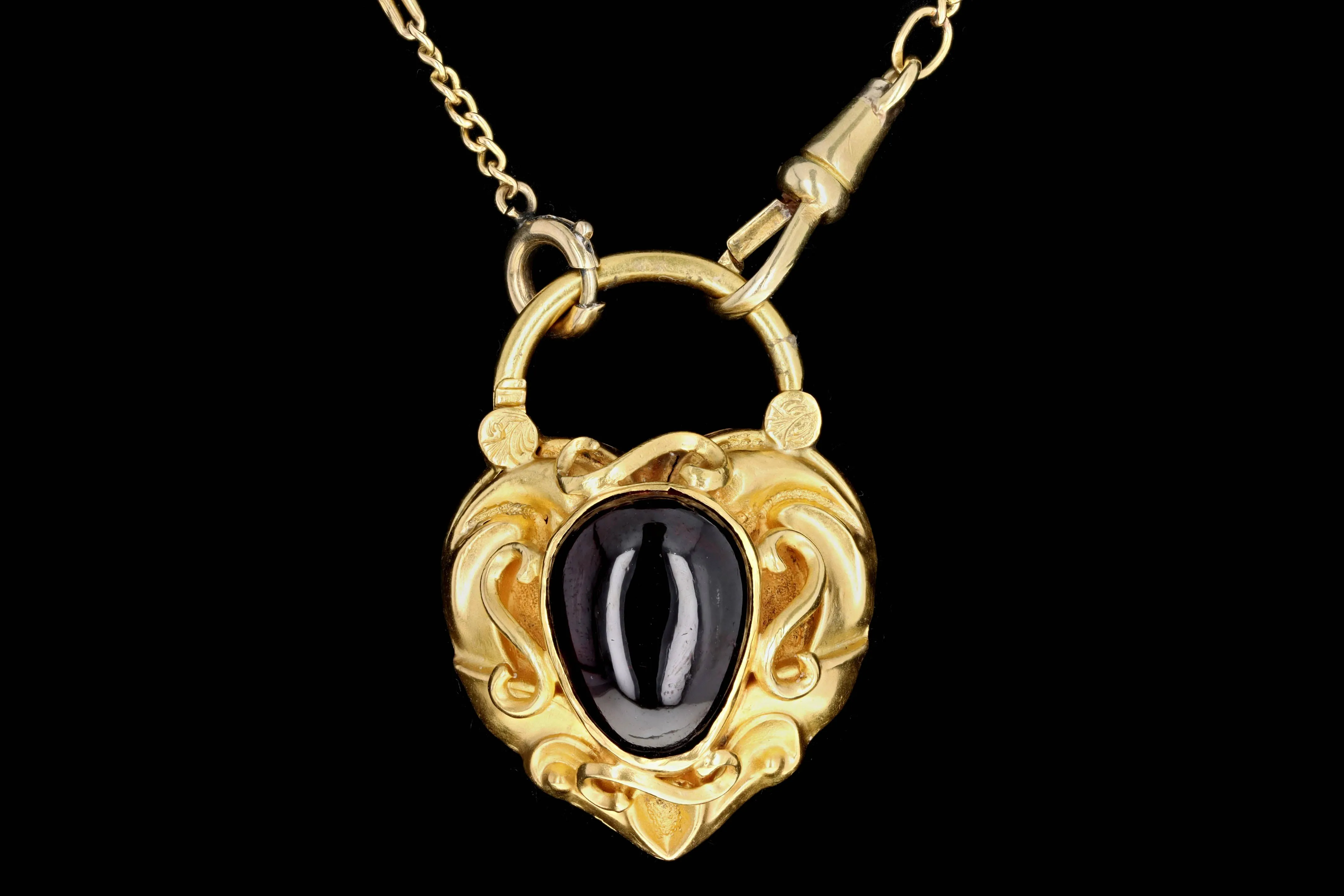 Victorian 15K Yellow Gold Garnet Heart Padlock Pendant on a 18K Pocket Watch Chain Necklace