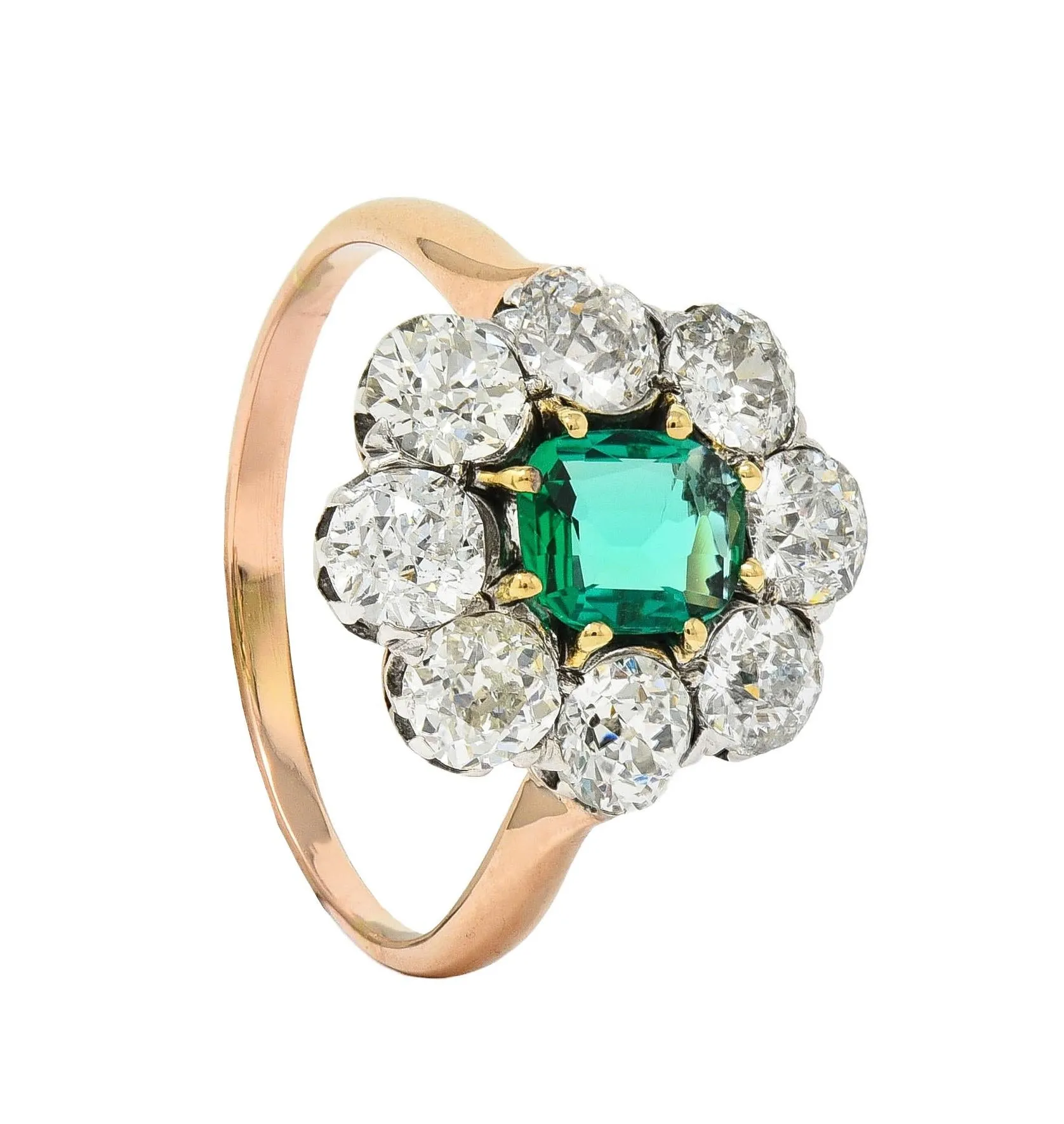 Victorian 2.69 CTW No Oil Colombian Emerald Diamond Silver 14 Karat Yellow Gold Antique Halo Ring GIA