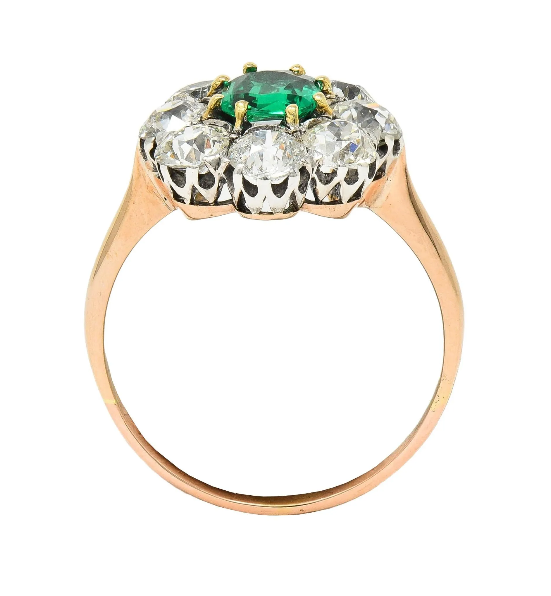 Victorian 2.69 CTW No Oil Colombian Emerald Diamond Silver 14 Karat Yellow Gold Antique Halo Ring GIA