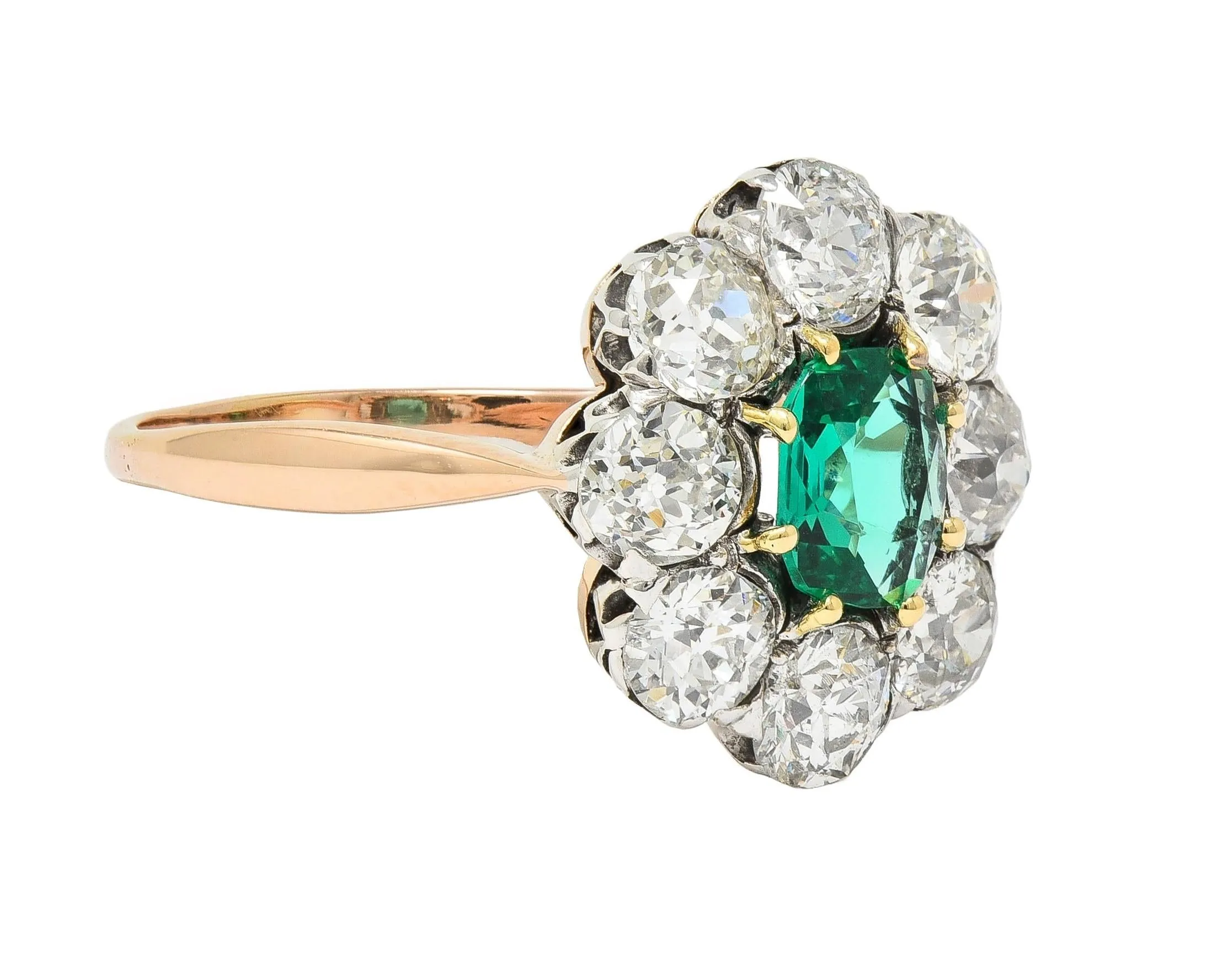 Victorian 2.69 CTW No Oil Colombian Emerald Diamond Silver 14 Karat Yellow Gold Antique Halo Ring GIA