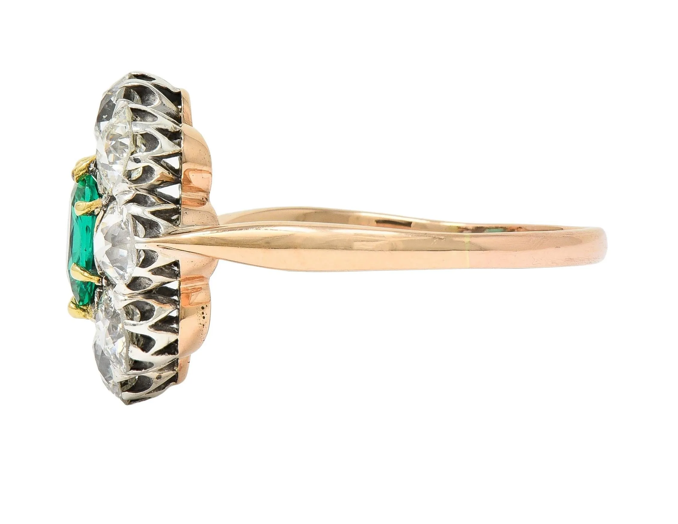 Victorian 2.69 CTW No Oil Colombian Emerald Diamond Silver 14 Karat Yellow Gold Antique Halo Ring GIA