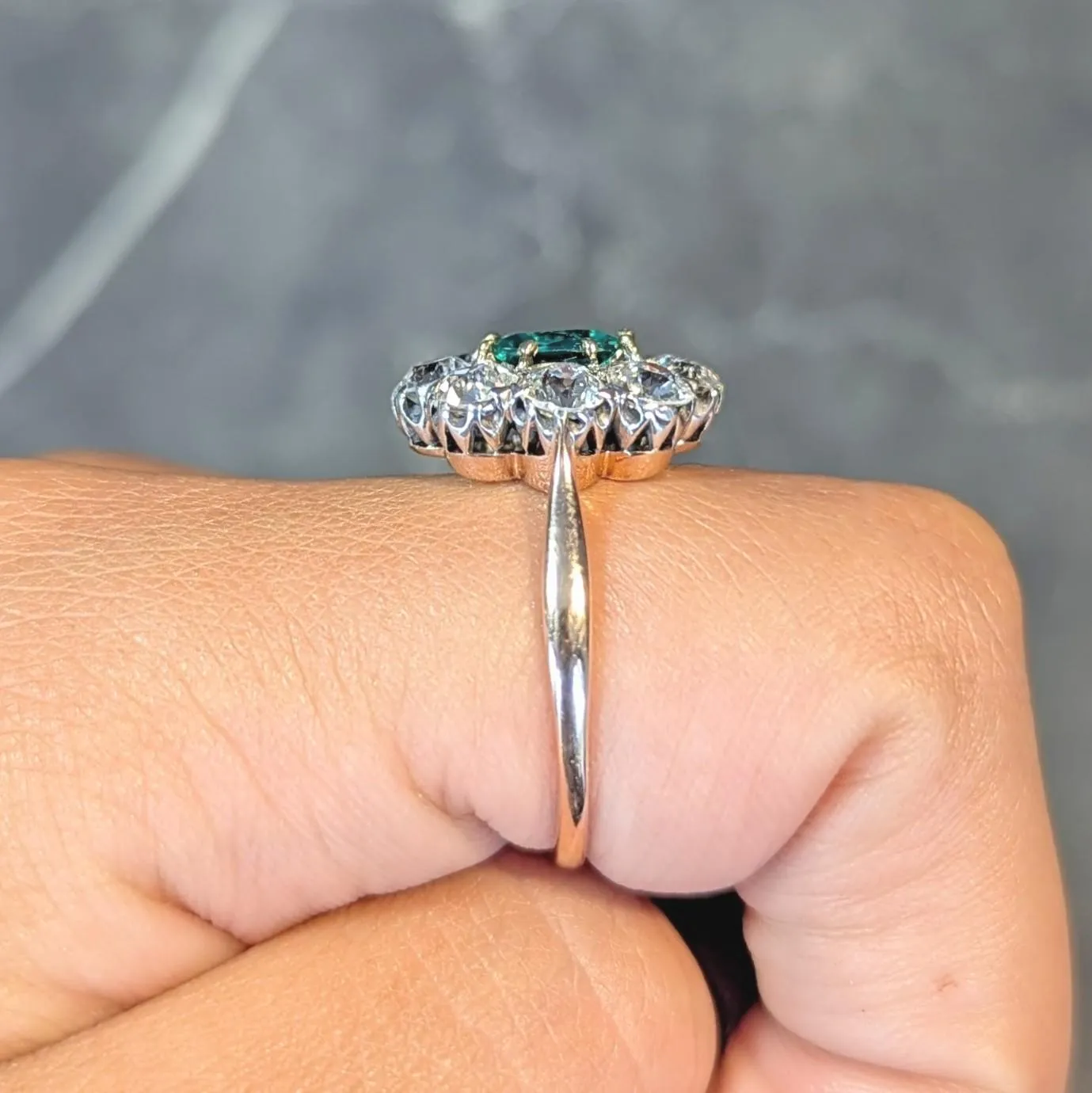 Victorian 2.69 CTW No Oil Colombian Emerald Diamond Silver 14 Karat Yellow Gold Antique Halo Ring GIA