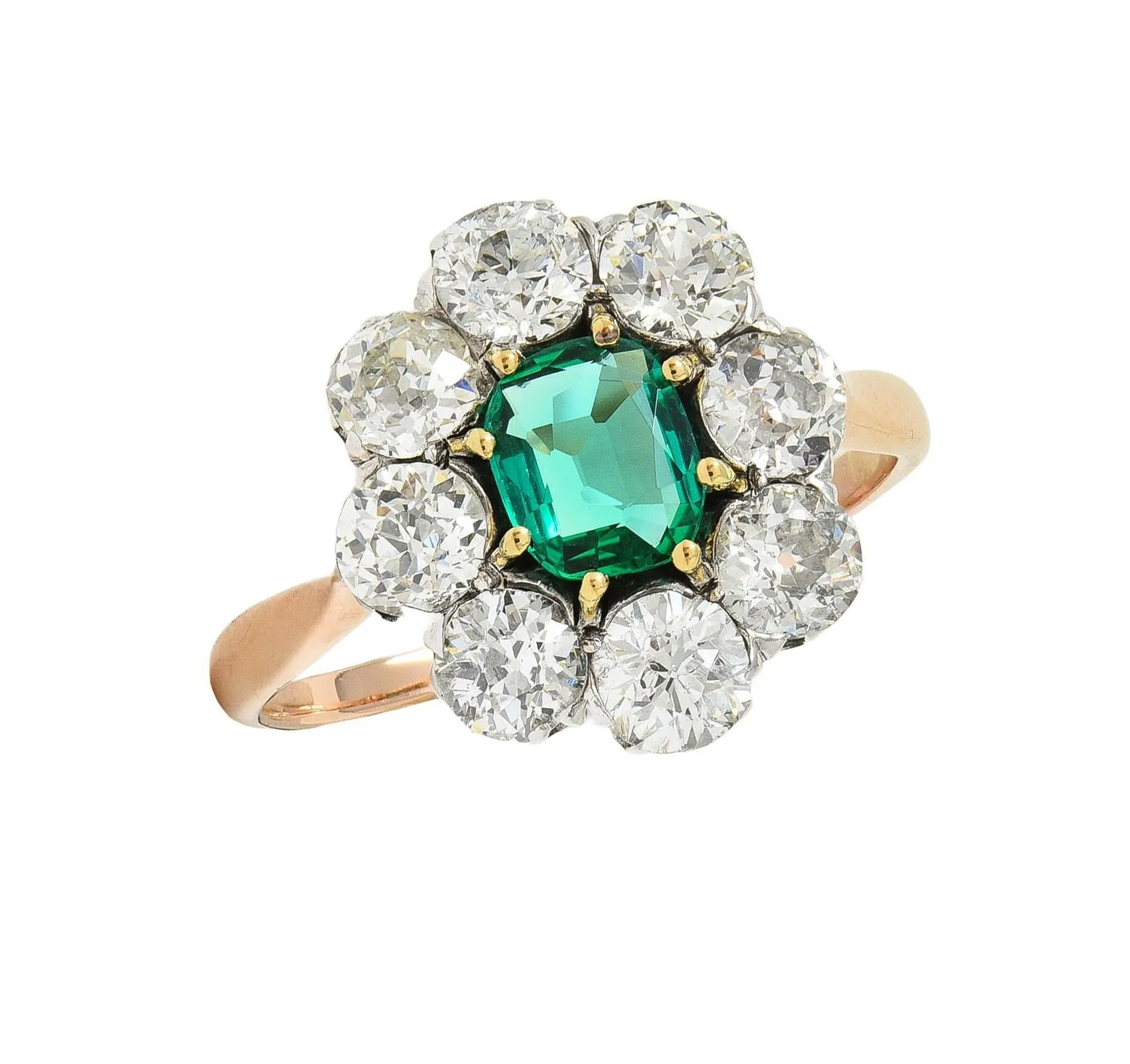 Victorian 2.69 CTW No Oil Colombian Emerald Diamond Silver 14 Karat Yellow Gold Antique Halo Ring GIA