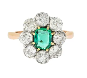 Victorian 2.69 CTW No Oil Colombian Emerald Diamond Silver 14 Karat Yellow Gold Antique Halo Ring GIA